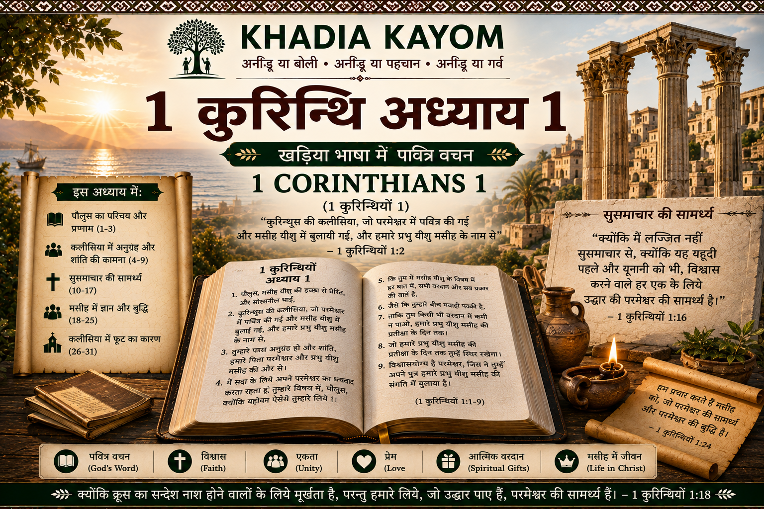 1 कुरिन्थि अध्याय 1 &ndash; 1 Corinthians Chapter 1 in Kharia Bible with the message of faith, unity and the cross of Christ