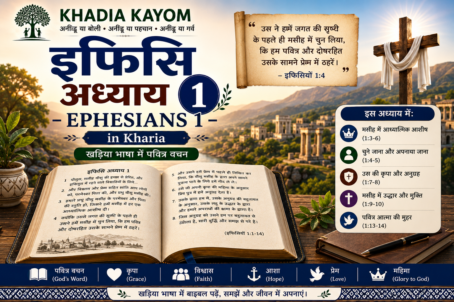 इफिसि अध्याय 1 &ndash; Ephesians Chapter 1 in Kharia Bible about grace, faith, hope, love and spiritual blessings