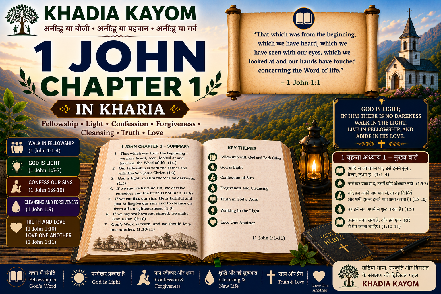 1 John Chapter 1 in Kharia Bible featuring fellowship, God is light, confession, forgiveness, cleansing and truth