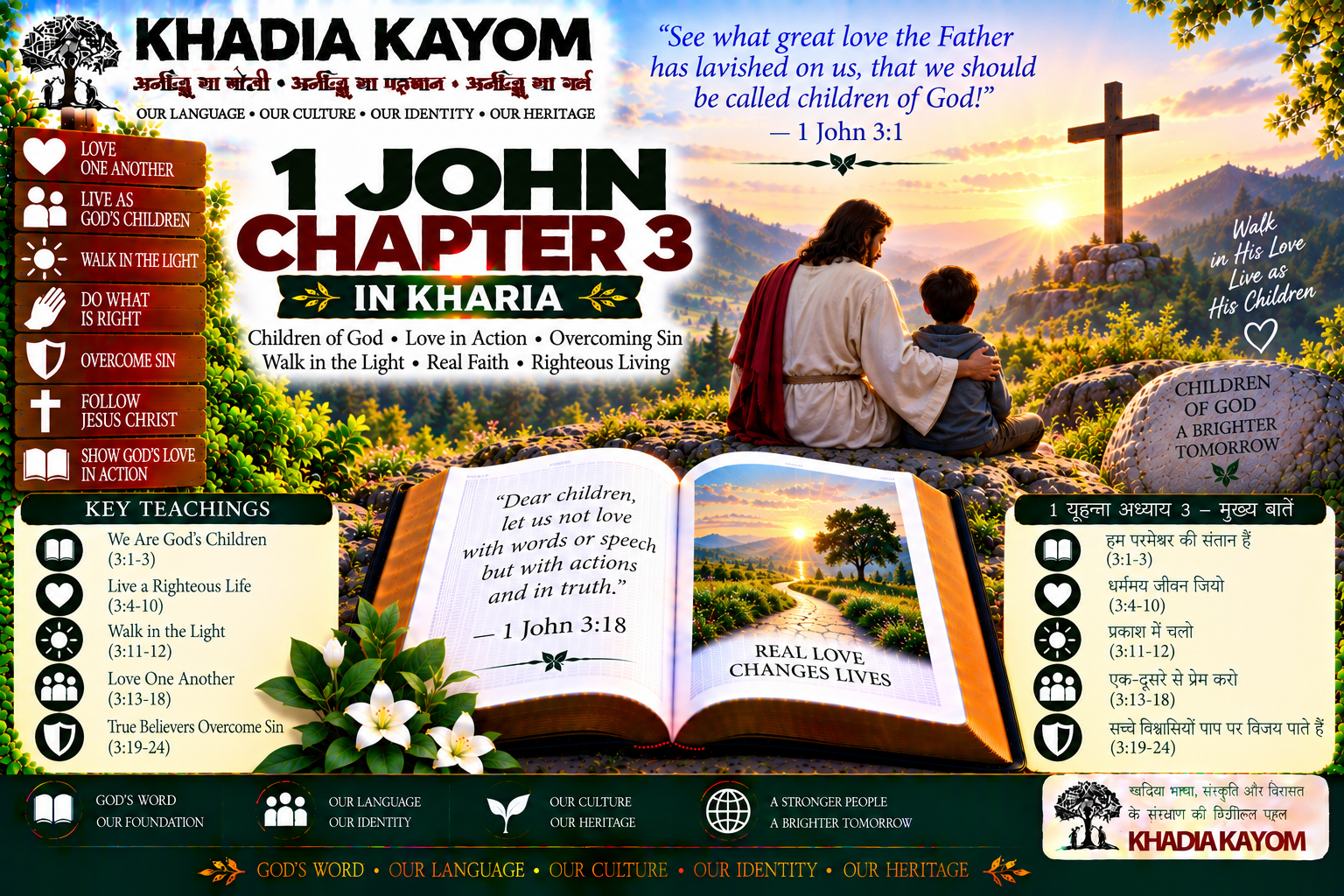 1 John Chapter 3 in Kharia Bible featuring God's great love, being children of God, righteous living, loving one another and overcoming sin