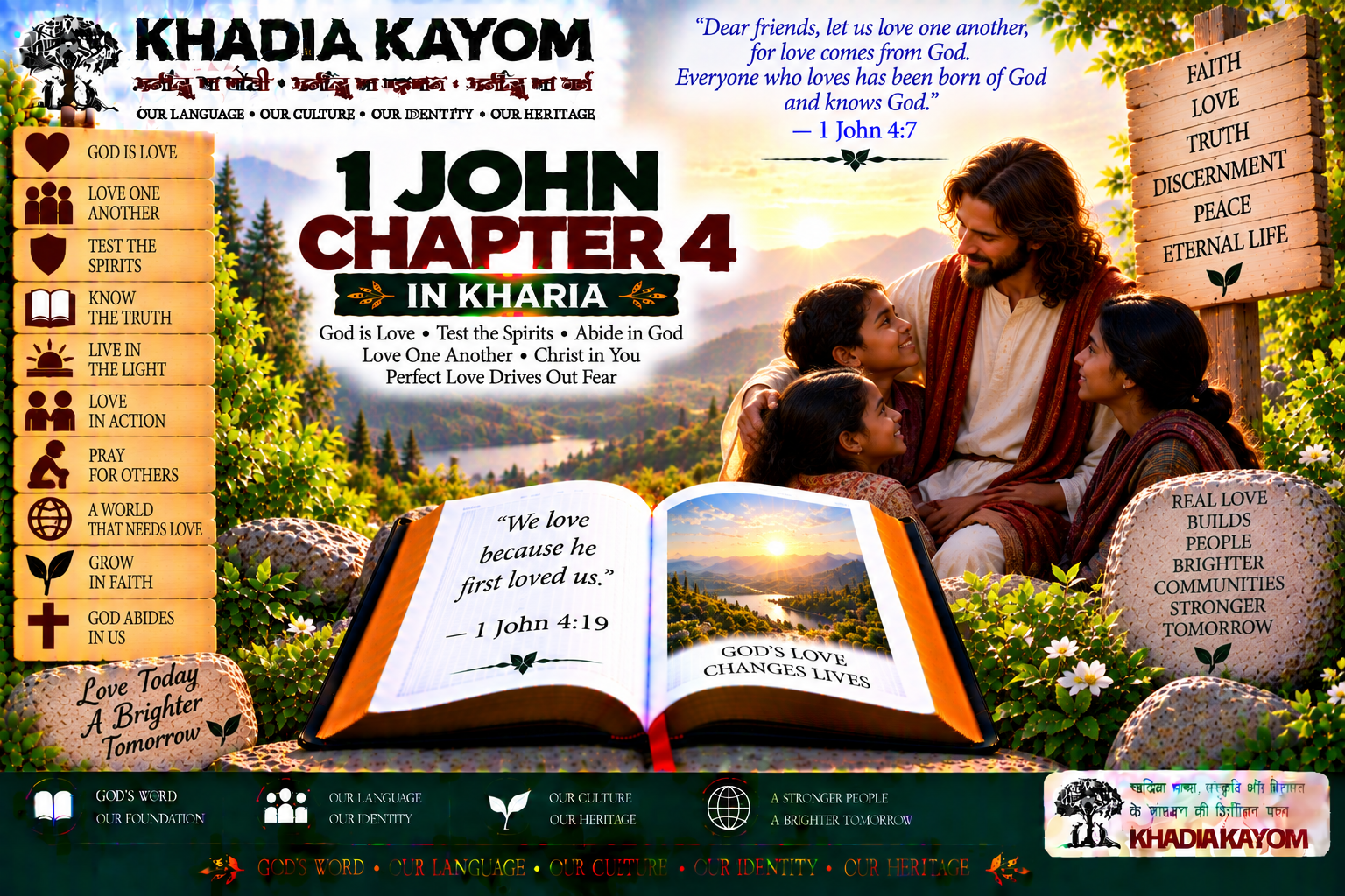 1 John Chapter 4 in Kharia Bible featuring God's love, testing the spirits, Jesus Christ, love for one another, faith and overcoming the world