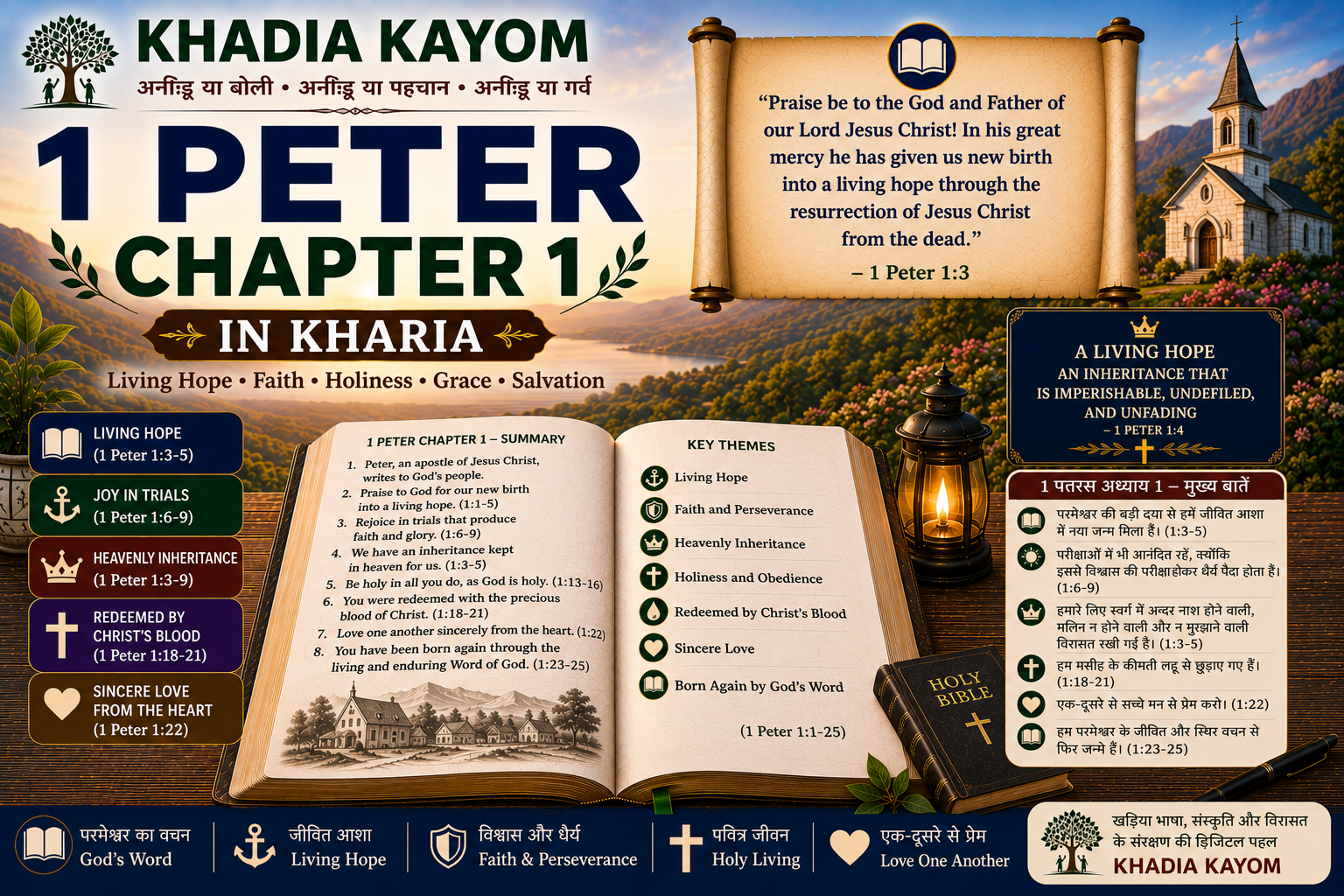 1 Peter Chapter 1 in Kharia Bible featuring living hope, faith, holiness, salvation and spiritual inheritance