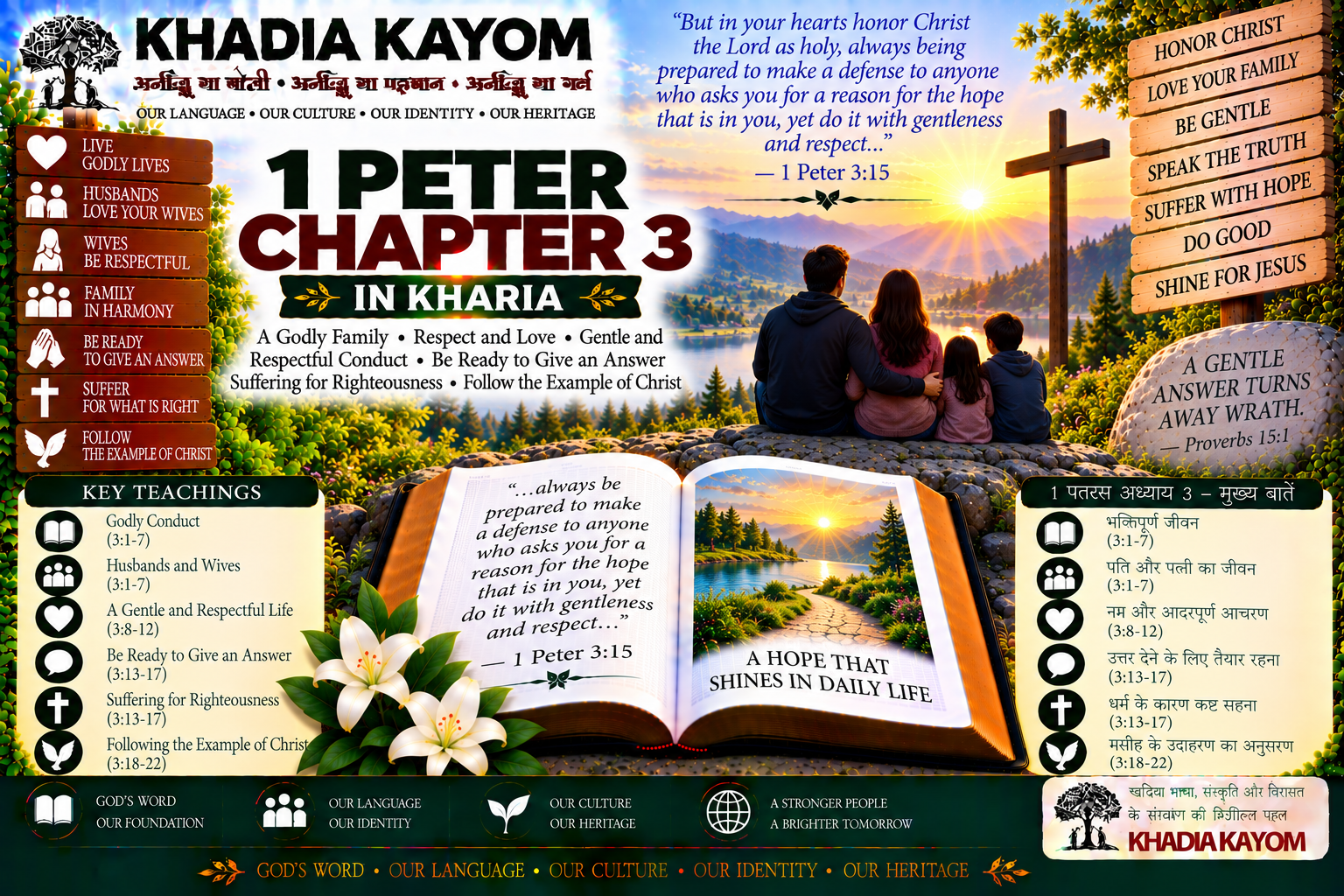1 Peter Chapter 3 in Kharia Bible featuring godly living, family relationships, gentleness, hope in Christ, suffering for righteousness and Christian conduct
