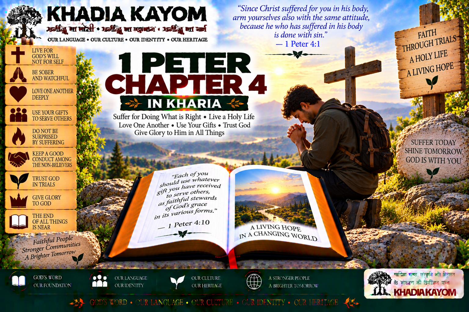 1 Peter Chapter 4 in Kharia Bible featuring holy living, suffering for Christ, love, prayer, spiritual gifts, faithful service and trusting God