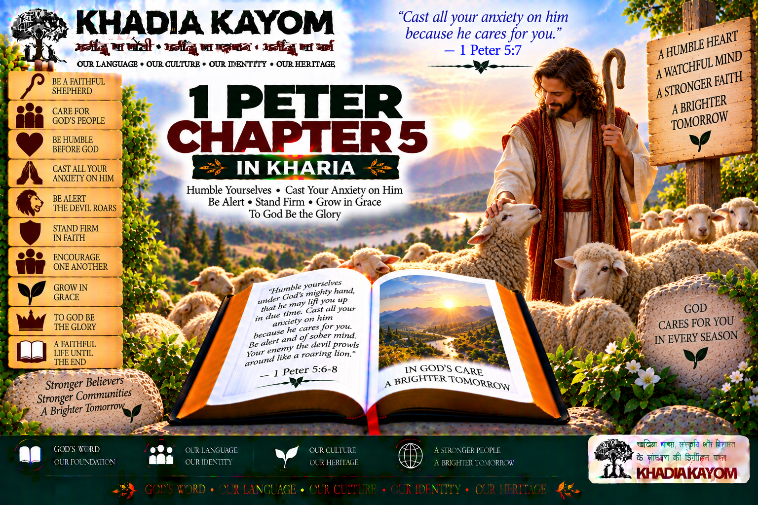 1 Peter Chapter 5 in Kharia Bible featuring humility, faithful shepherding, casting anxiety on God, spiritual vigilance, resisting the devil and standing firm in faith