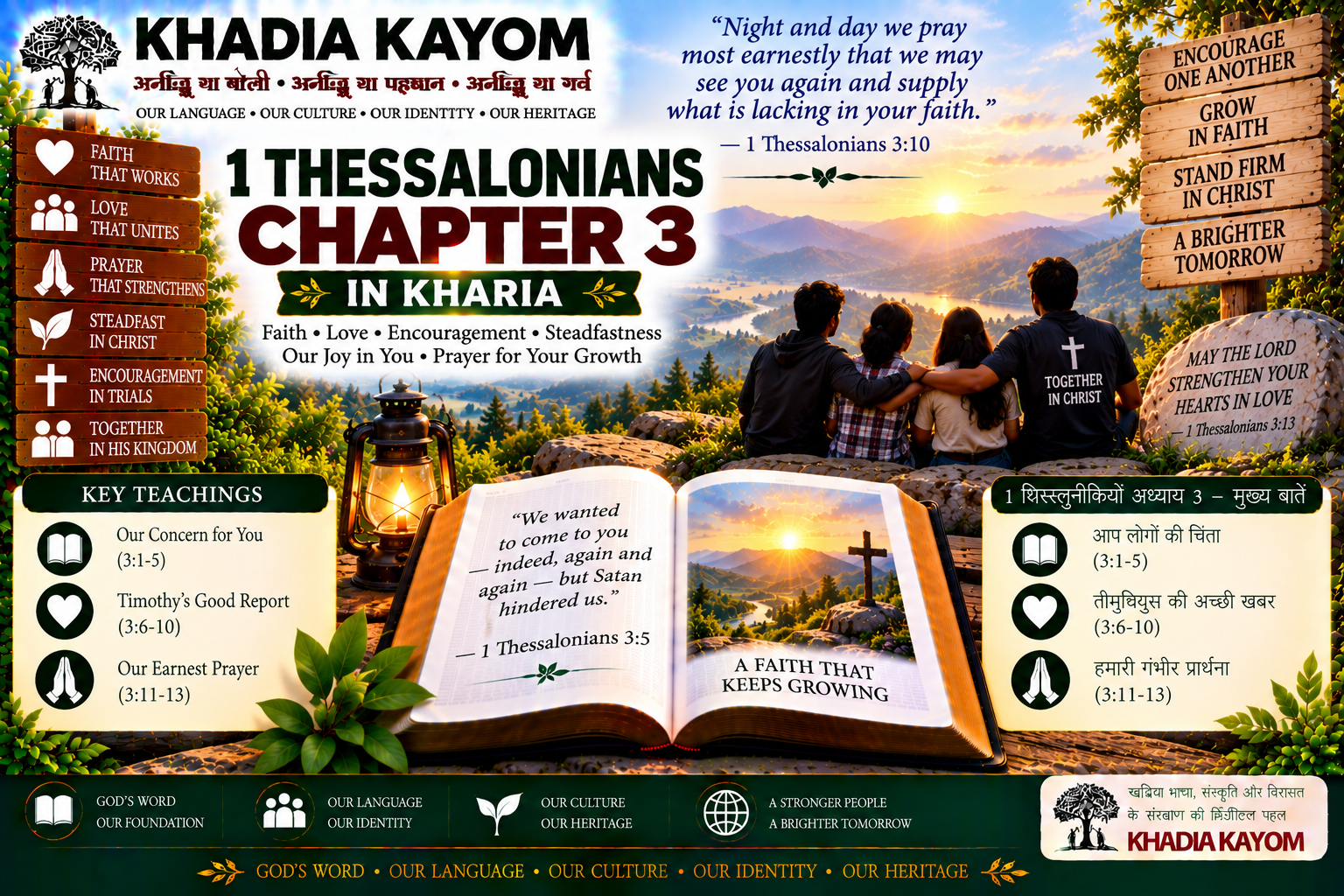 1 Thessalonians Chapter 3 in Kharia Bible featuring Christian encouragement, growing faith, love, steadfastness and Paul's prayer for believers