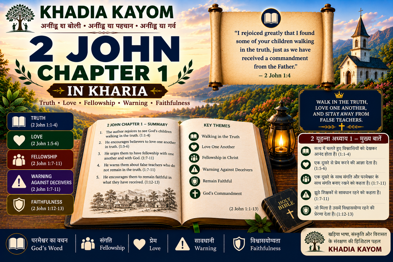 2 John Chapter 1 in Kharia Bible featuring truth, love, fellowship, faithfulness and warning against false teachers