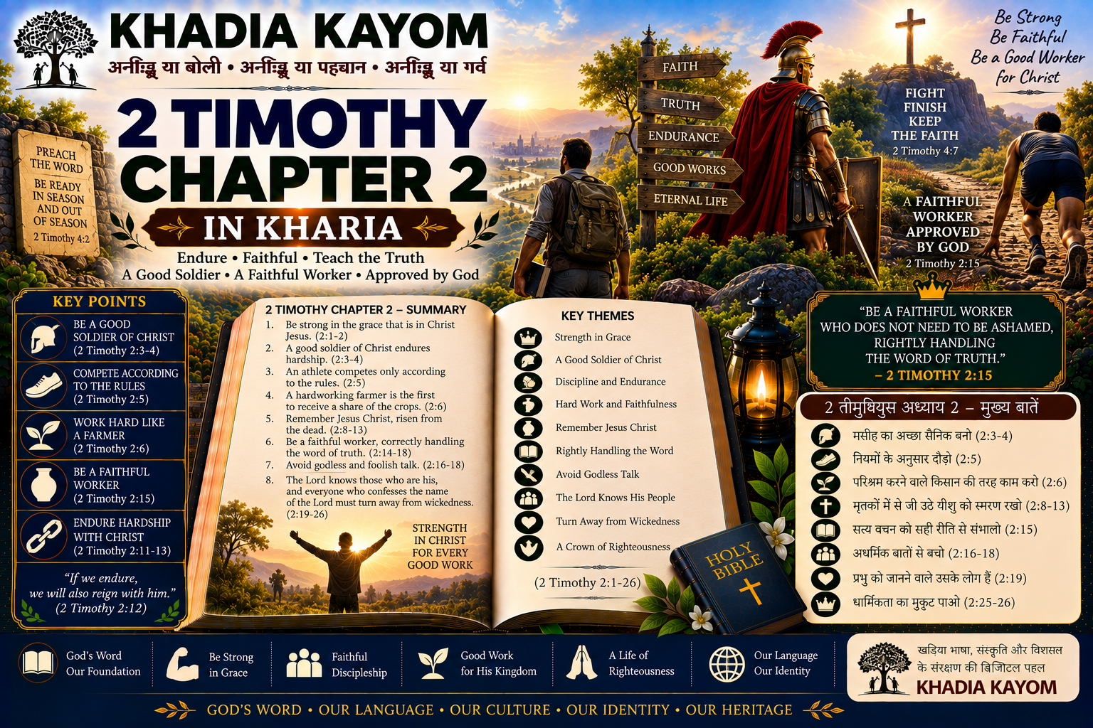 2 Timothy Chapter 2 in Kharia Bible featuring a faithful soldier of Christ, endurance, hard work, rightly handling God's Word and righteous living