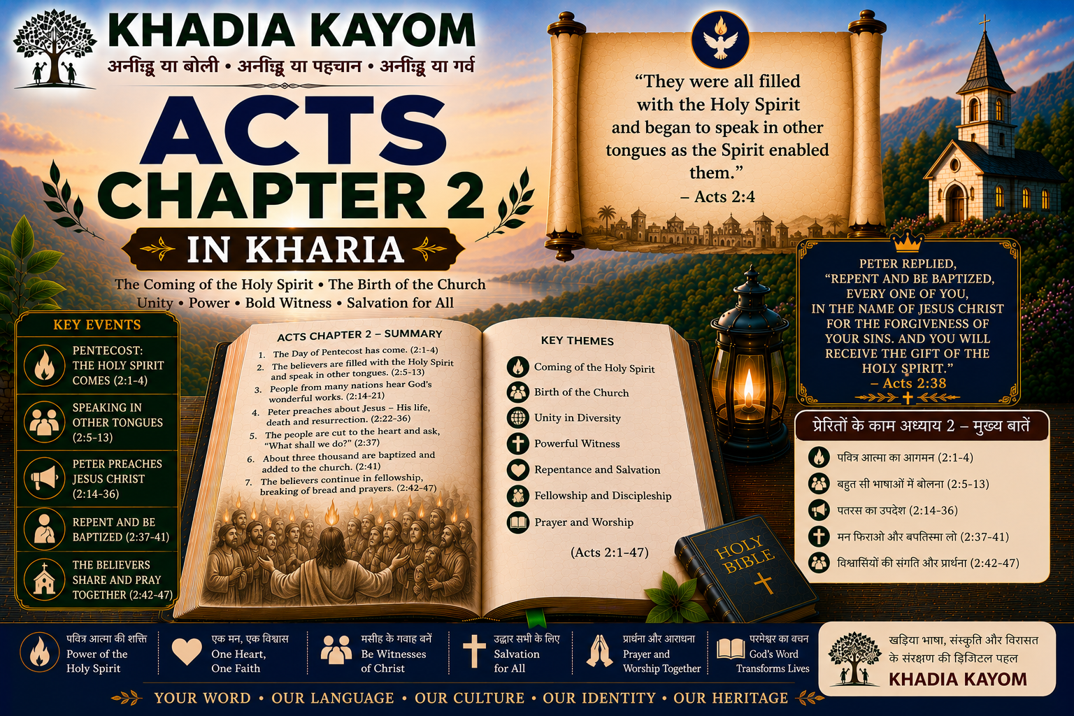Acts Chapter 2 in Kharia Bible featuring Pentecost, the coming of the Holy Spirit, Peter's message, baptism, fellowship and prayer