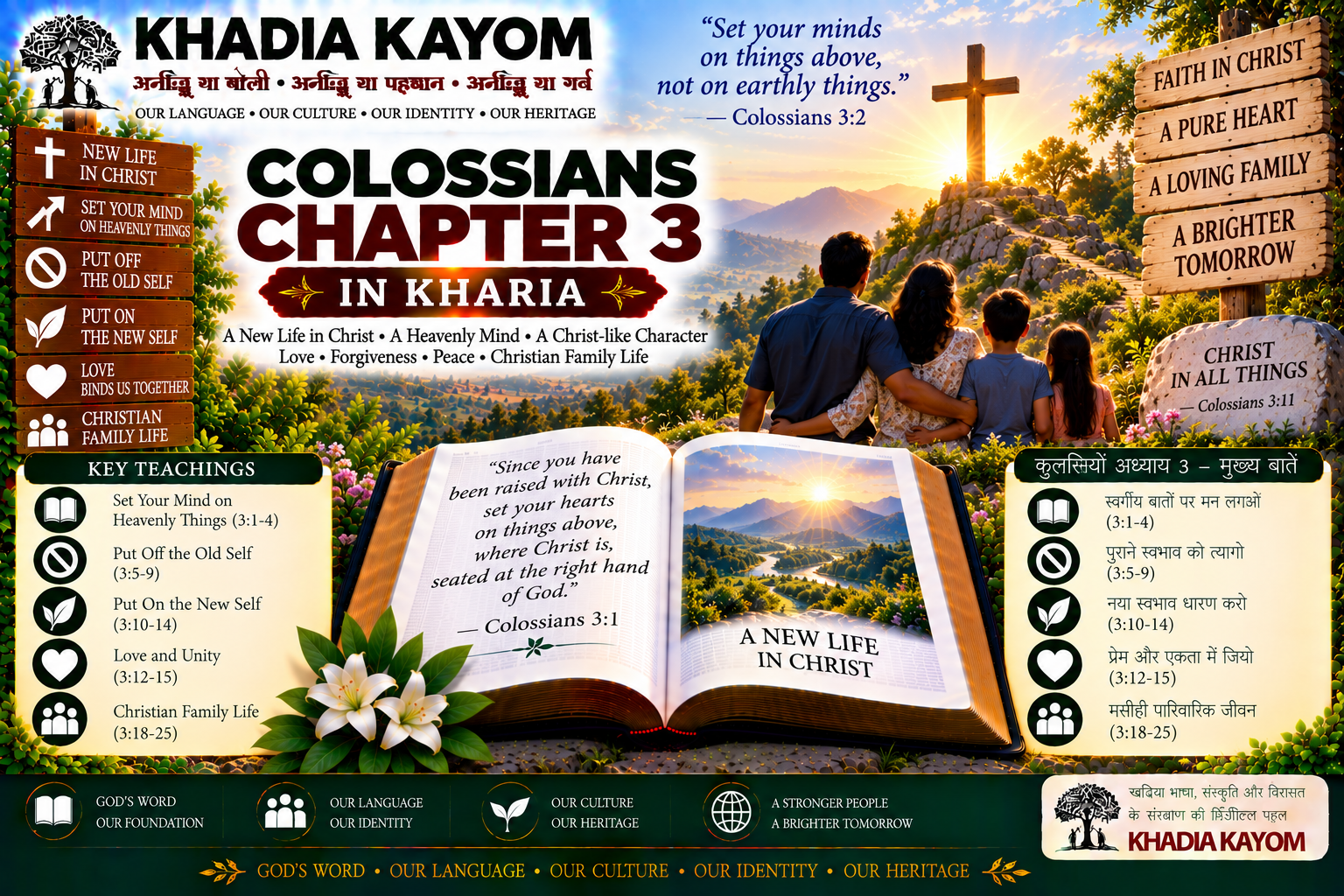Colossians Chapter 3 in Kharia Bible featuring new life in Christ, setting the mind on heavenly things, putting off the old self and living in love