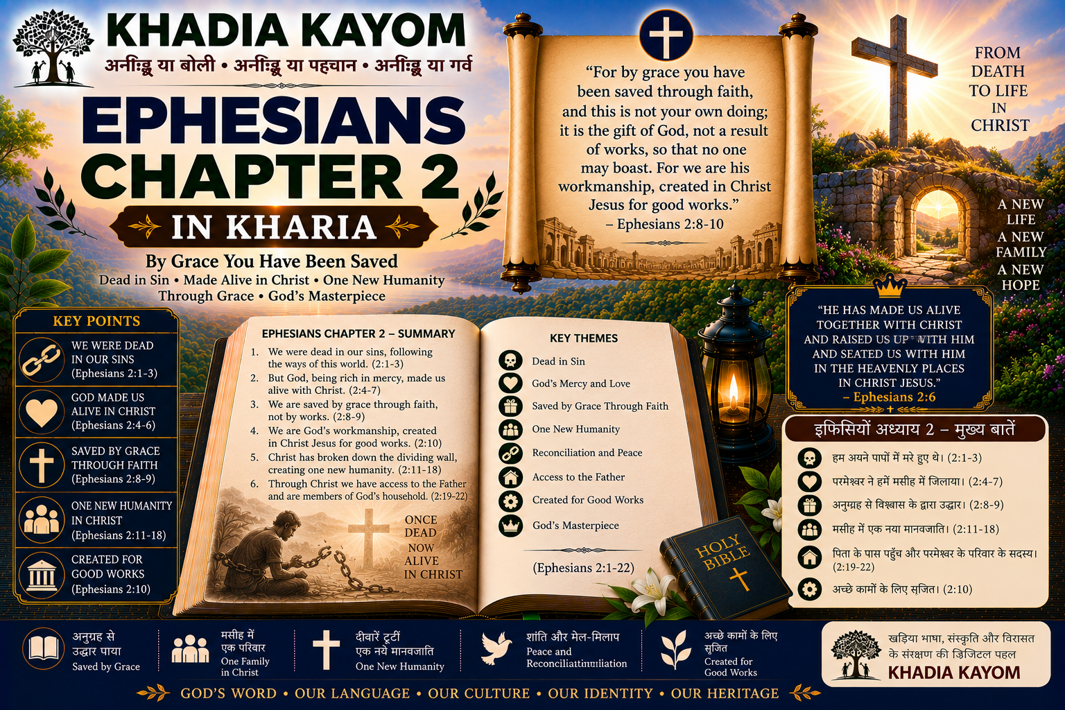 Ephesians Chapter 2 in Kharia Bible featuring salvation by grace through faith, new life in Christ, reconciliation and one new humanity