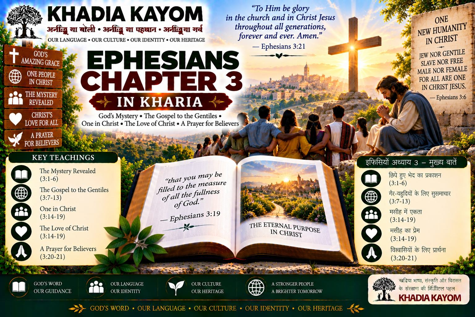 Ephesians Chapter 3 in Kharia Bible featuring God's mystery, the Gospel for all nations, unity in Christ, Christ's love and Paul's prayer for believers