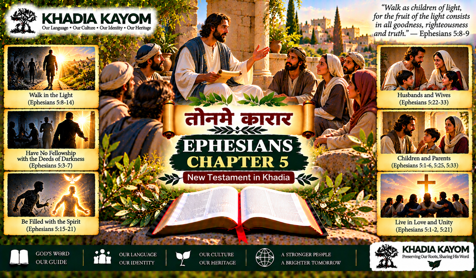 Ephesians Chapter 5 in Kharia from तोनमे कारार, illustrating walking in love, living as children of light, being filled with the Spirit and Christian marriage.