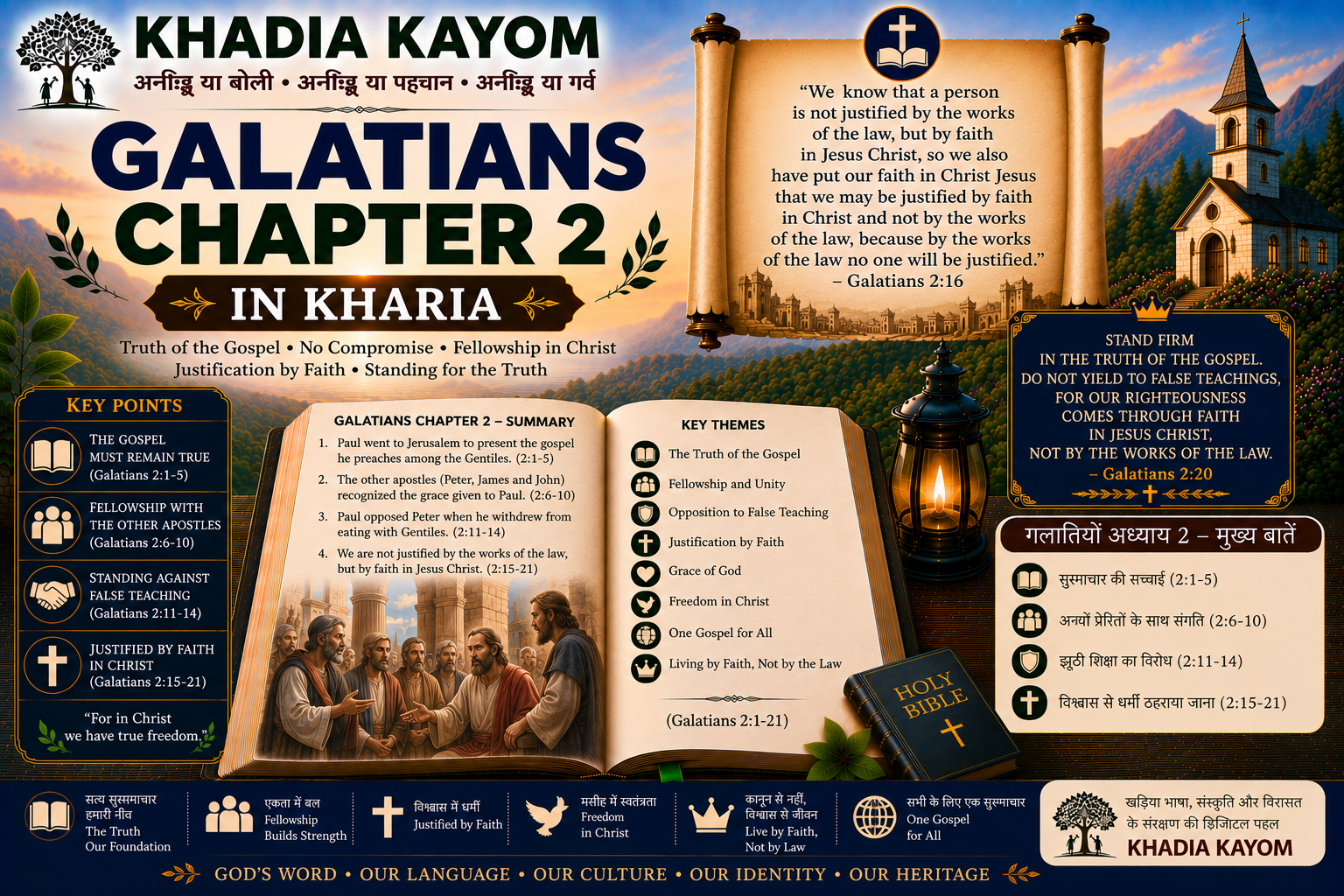 Galatians Chapter 2 in Kharia Bible featuring justification by faith, freedom in Christ, grace and the message of the Gospel