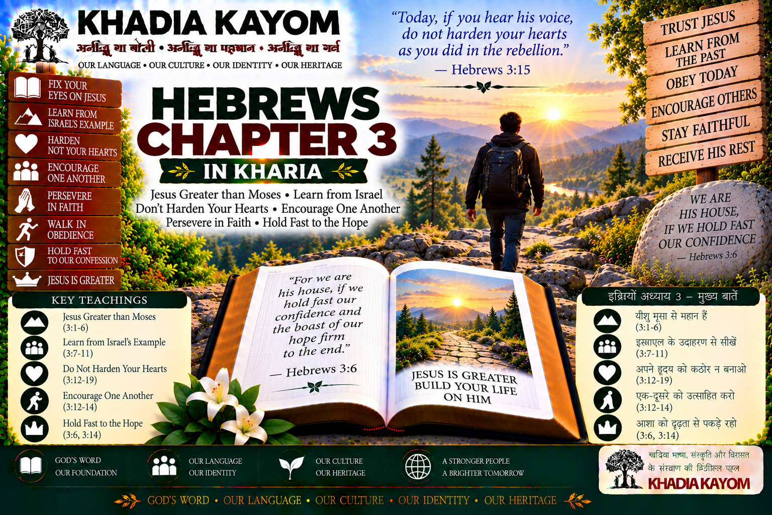 Hebrews Chapter 3 in Kharia Bible featuring Jesus greater than Moses, faithfulness, encouragement, perseverance and holding firmly to hope