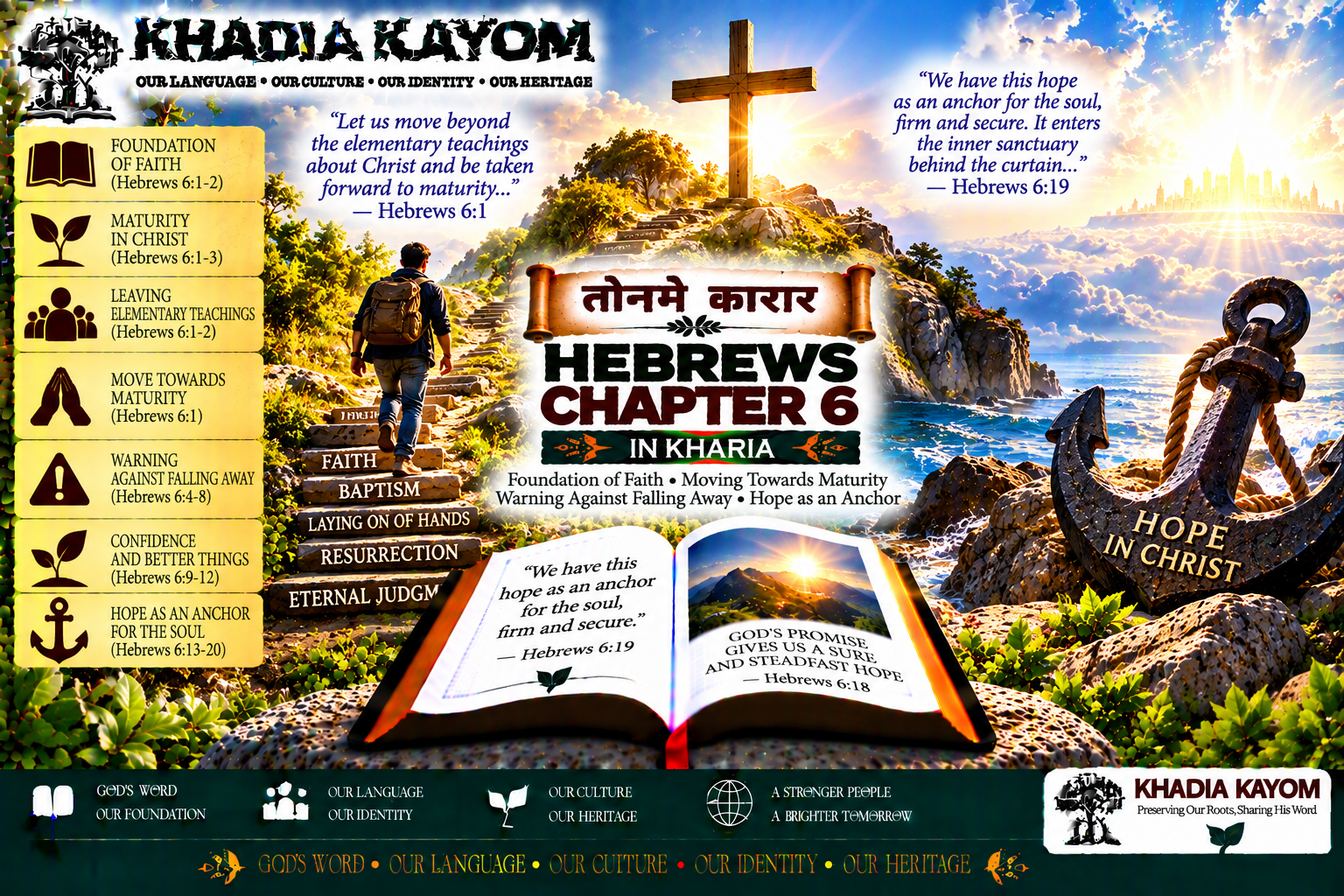 Hebrews Chapter 6 in Kharia from तोनमे कारार, featuring Christian maturity, the warning against falling away, God's promise, and hope as an anchor for the soul