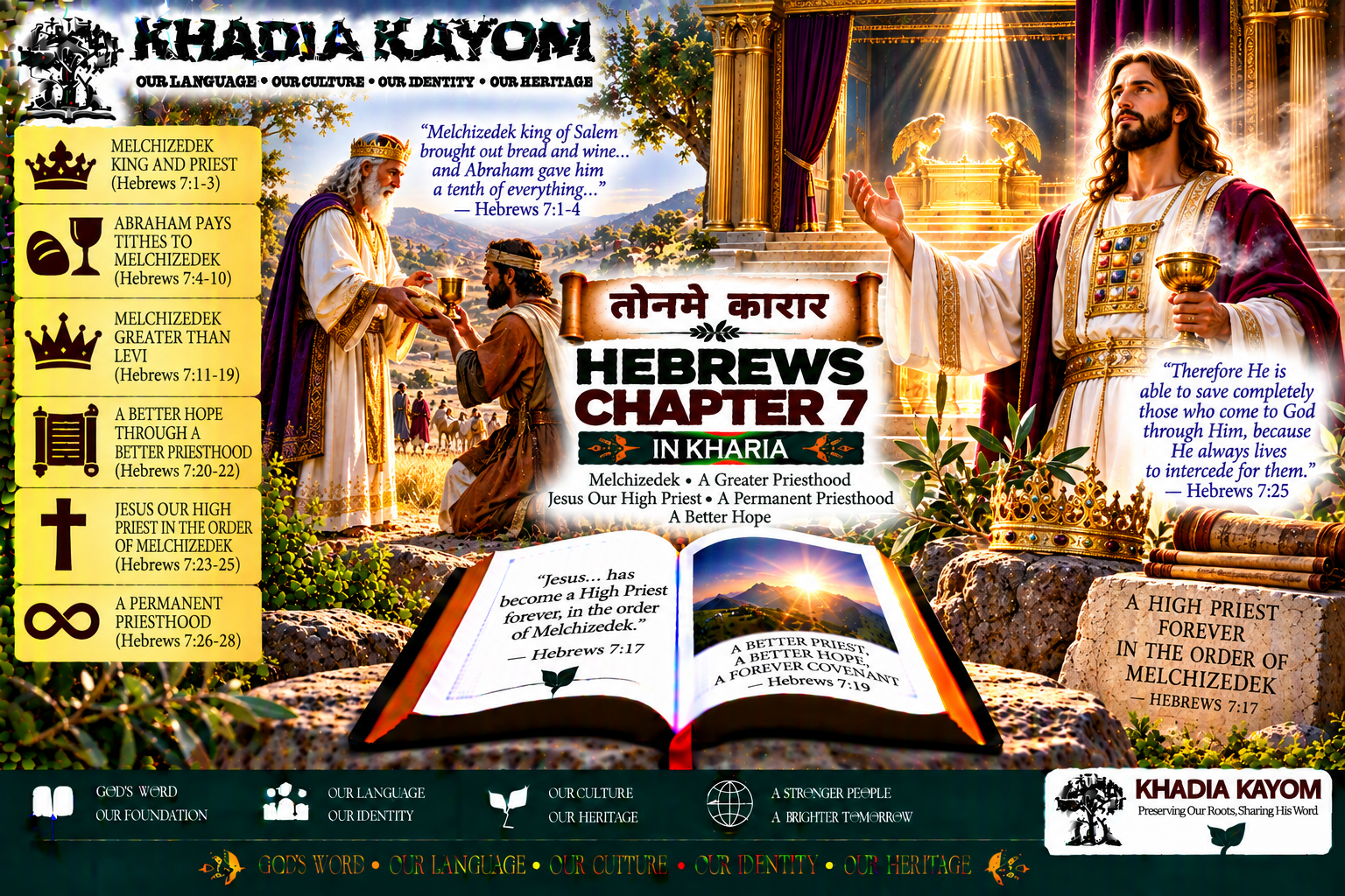 Hebrews Chapter 7 in Kharia from तोनमे कारार, featuring Melchizedek, Abraham's tithe, Jesus as the eternal High Priest, and the better hope through Christ