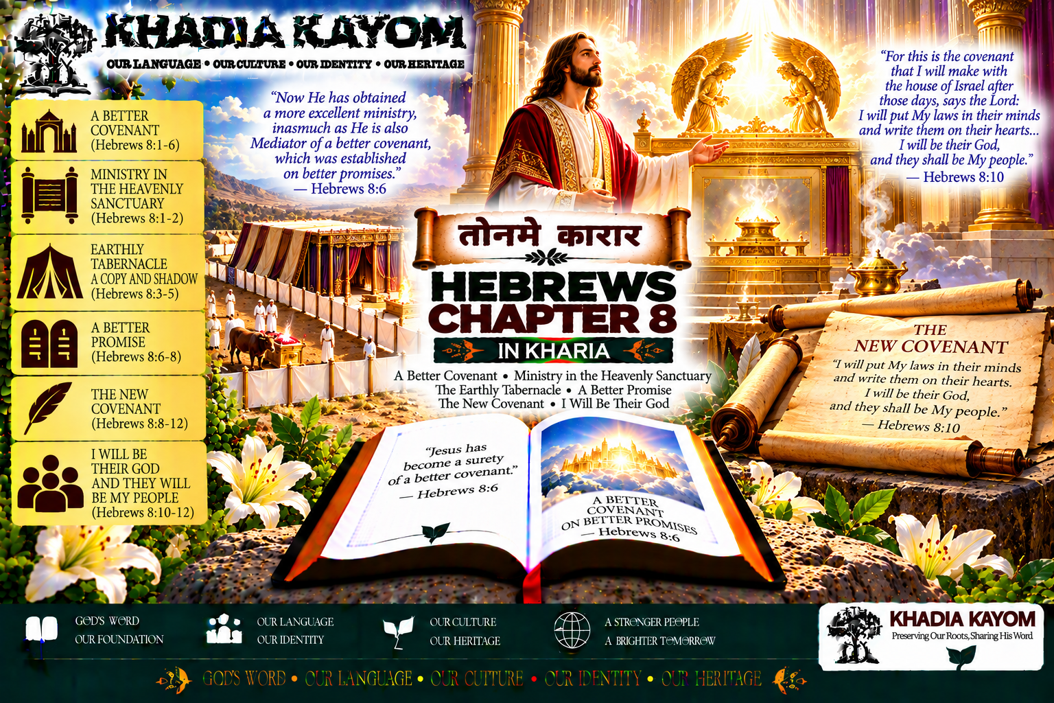 Hebrews Chapter 8 in Kharia from तोनमे कारार, featuring Jesus as the High Priest, the heavenly sanctuary, the better covenant, and God's law written on people's hearts