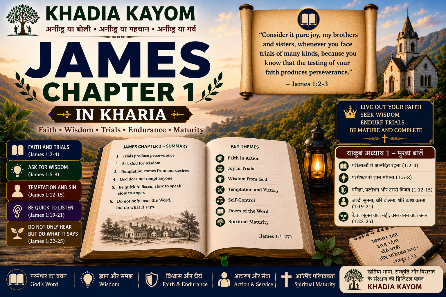 James Chapter 1 in Kharia Bible featuring faith, wisdom, perseverance, trials and spiritual maturity