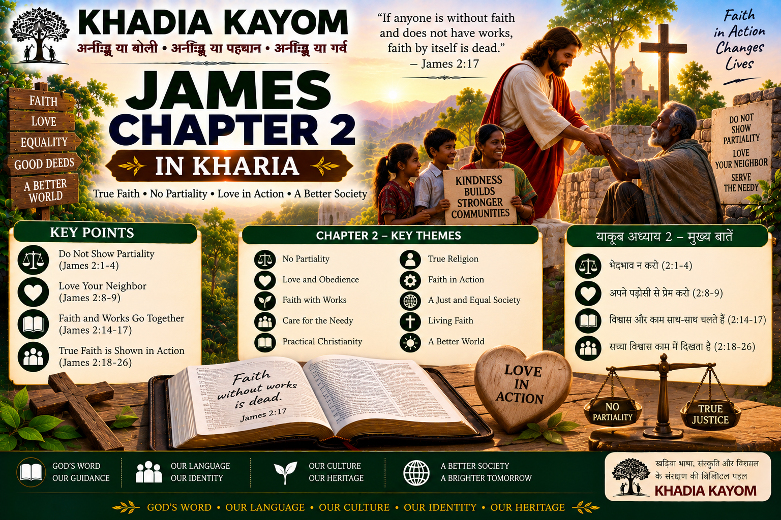 James Chapter 2 in Kharia Bible featuring faith in action, love for neighbors, equality, good works and practical Christian living