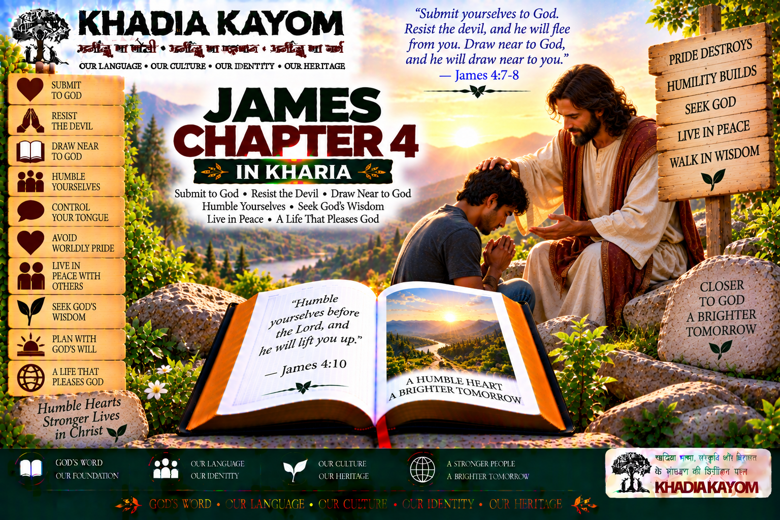 James Chapter 4 in Kharia Bible featuring humility before God, resisting the devil, drawing near to God, prayer, wisdom, peace and living according to God's will.