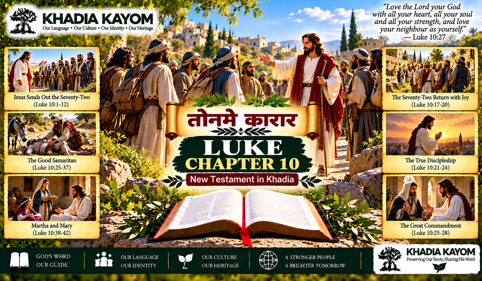 Luke Chapter 10 in Kharia from तोनमे कारार, depicting Jesus sending the seventy-two disciples, the Good Samaritan, Mary and Martha, and teachings on love and discipleship.