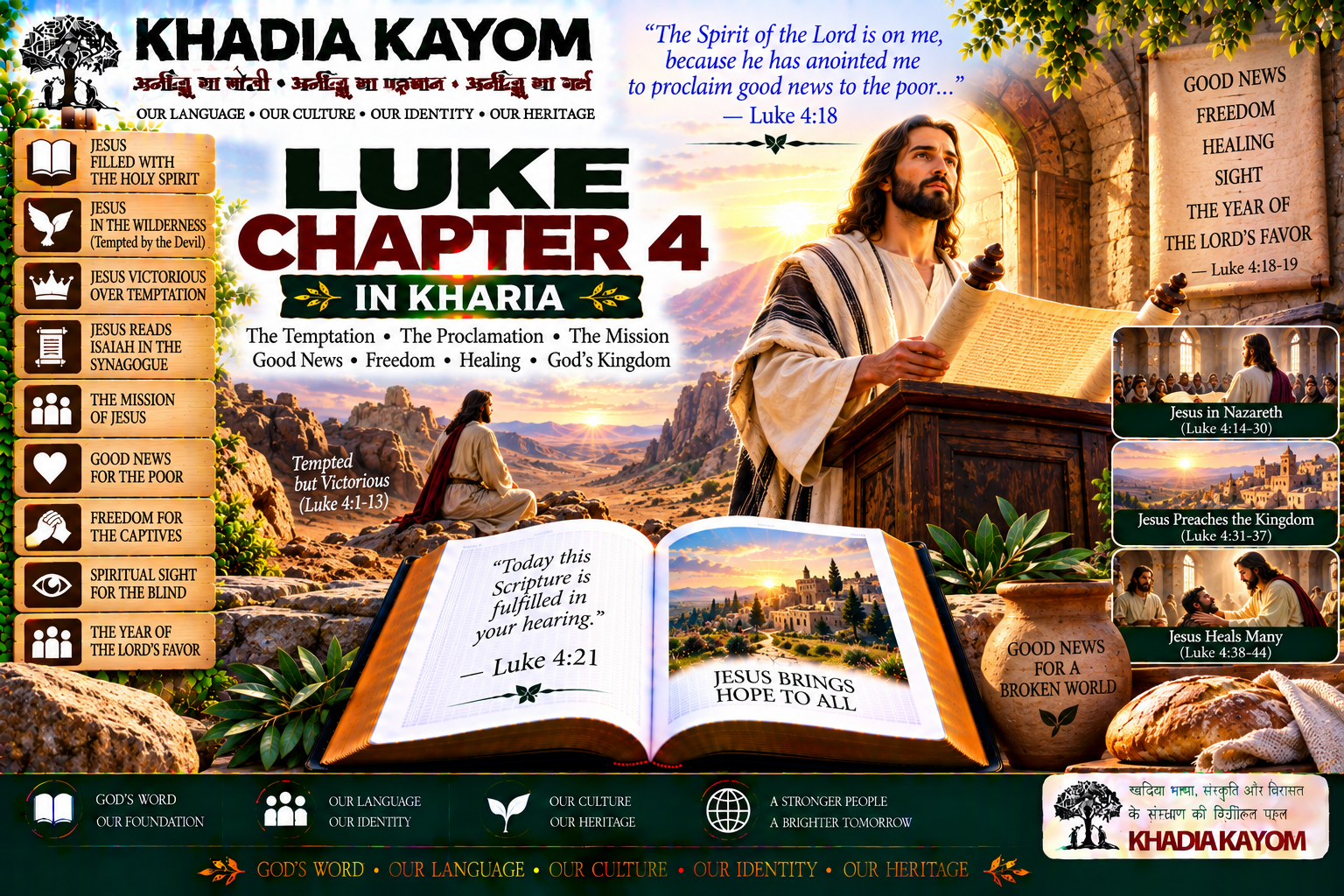 Luke Chapter 4 in Kharia Bible featuring Jesus' temptation, victory over Satan, teaching in Nazareth, good news to the poor and healing ministry