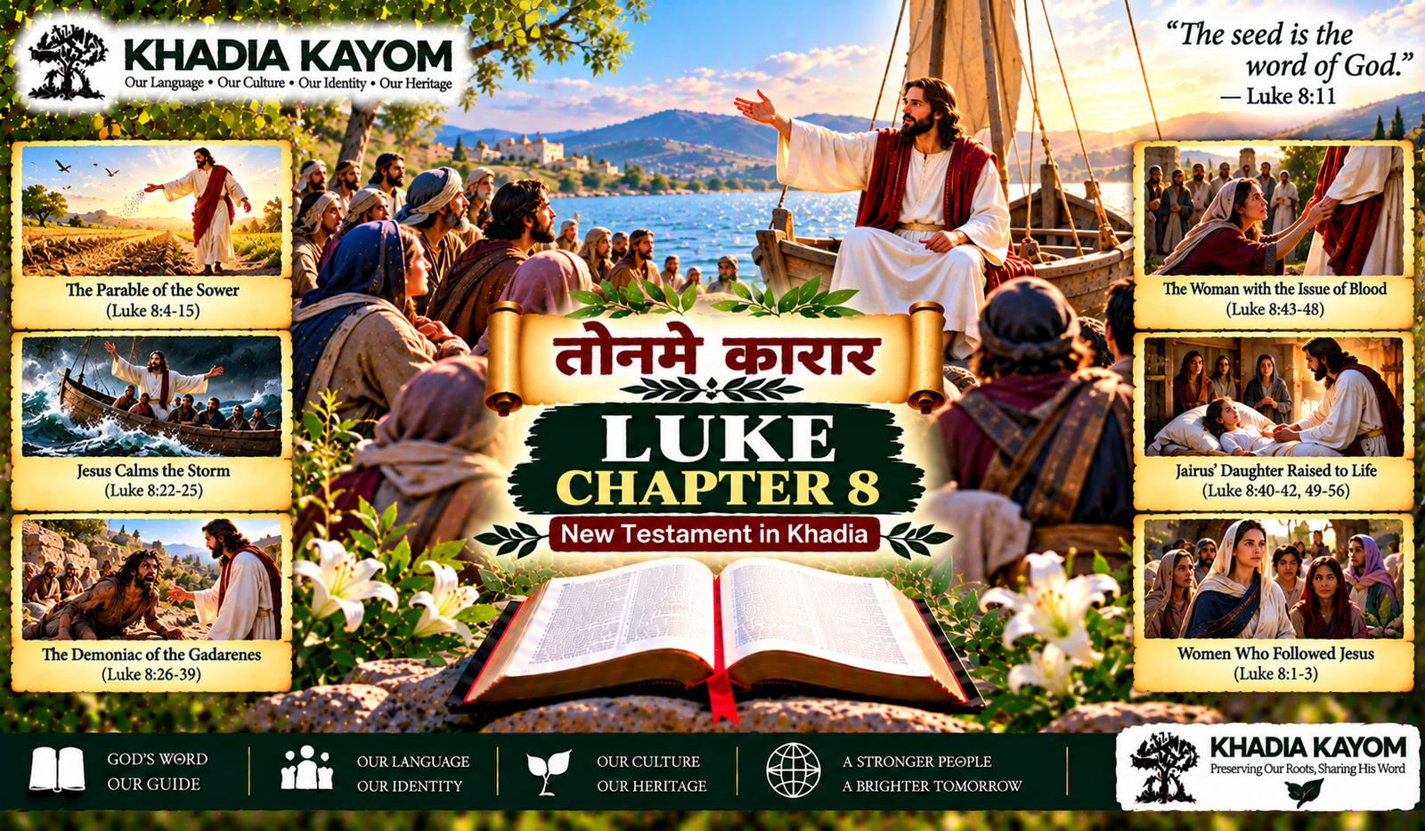 Luke Chapter 8 in Kharia from तोनमे कारार, depicting Jesus teaching the parable of the sower, calming the storm, healing the demon-possessed man and raising Jairus's daughter.