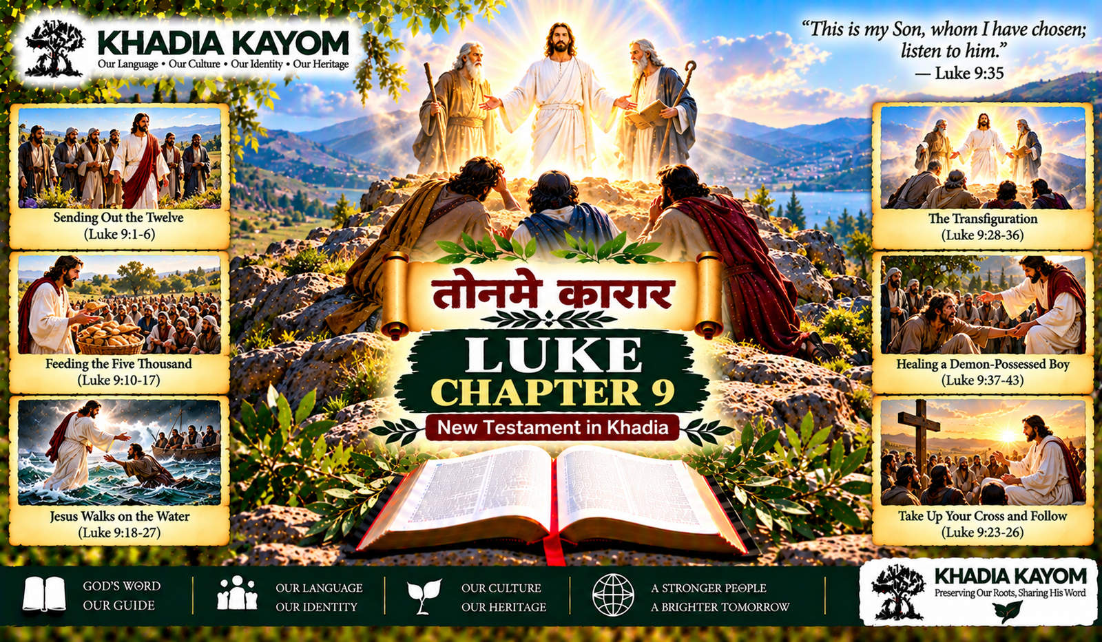 Luke Chapter 9 in Kharia from तोनमे कारार, illustrating Jesus sending the twelve disciples, feeding five thousand people, the Transfiguration, healing a demon-possessed boy and teaching about discipleship.