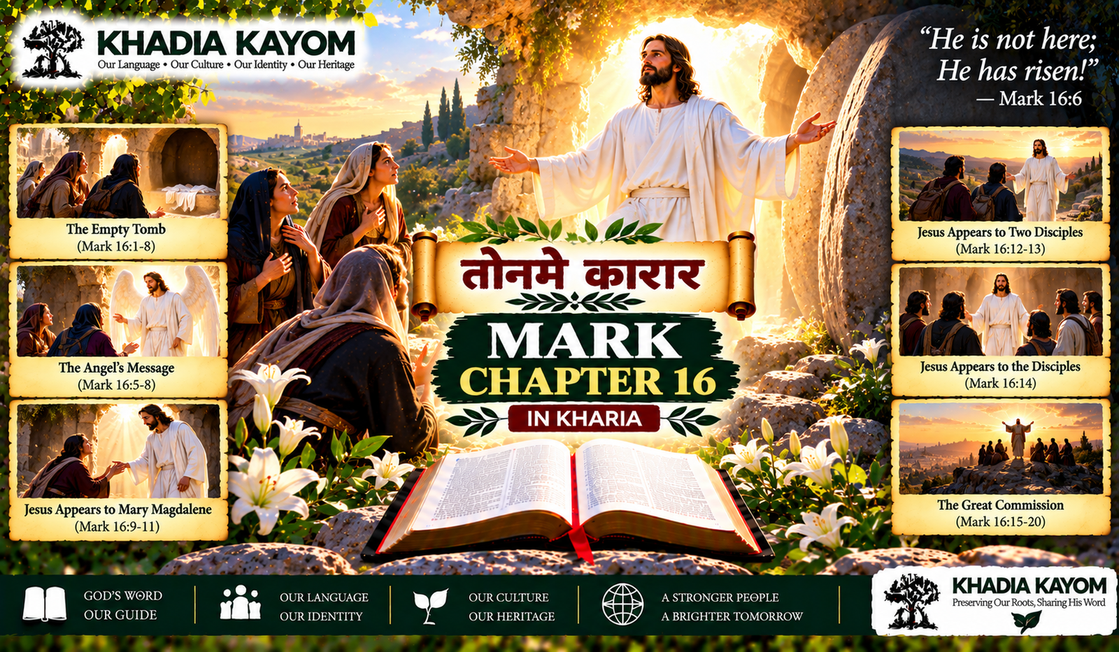 Mark Chapter 15 in Kharia from तोनमे कारार, depicting Jesus before Pilate, His mocking, crucifixion at Golgotha, death on the cross and burial.