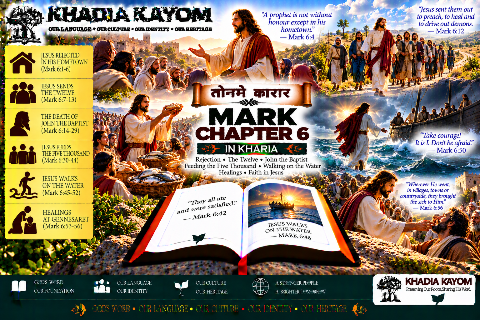 Mark Chapter 6 in Kharia from तोनमे कारार, featuring Jesus rejected in His hometown, the Twelve sent out, John the Baptist, the feeding of five thousand, Jesus walking on water, and healing