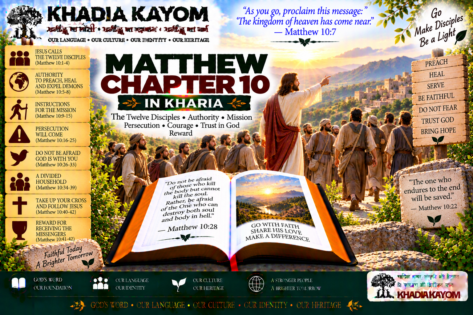 Matthew Chapter 10 in Kharia Bible featuring Jesus sending the twelve disciples, preaching, healing, spiritual authority, persecution, courage and following Christ