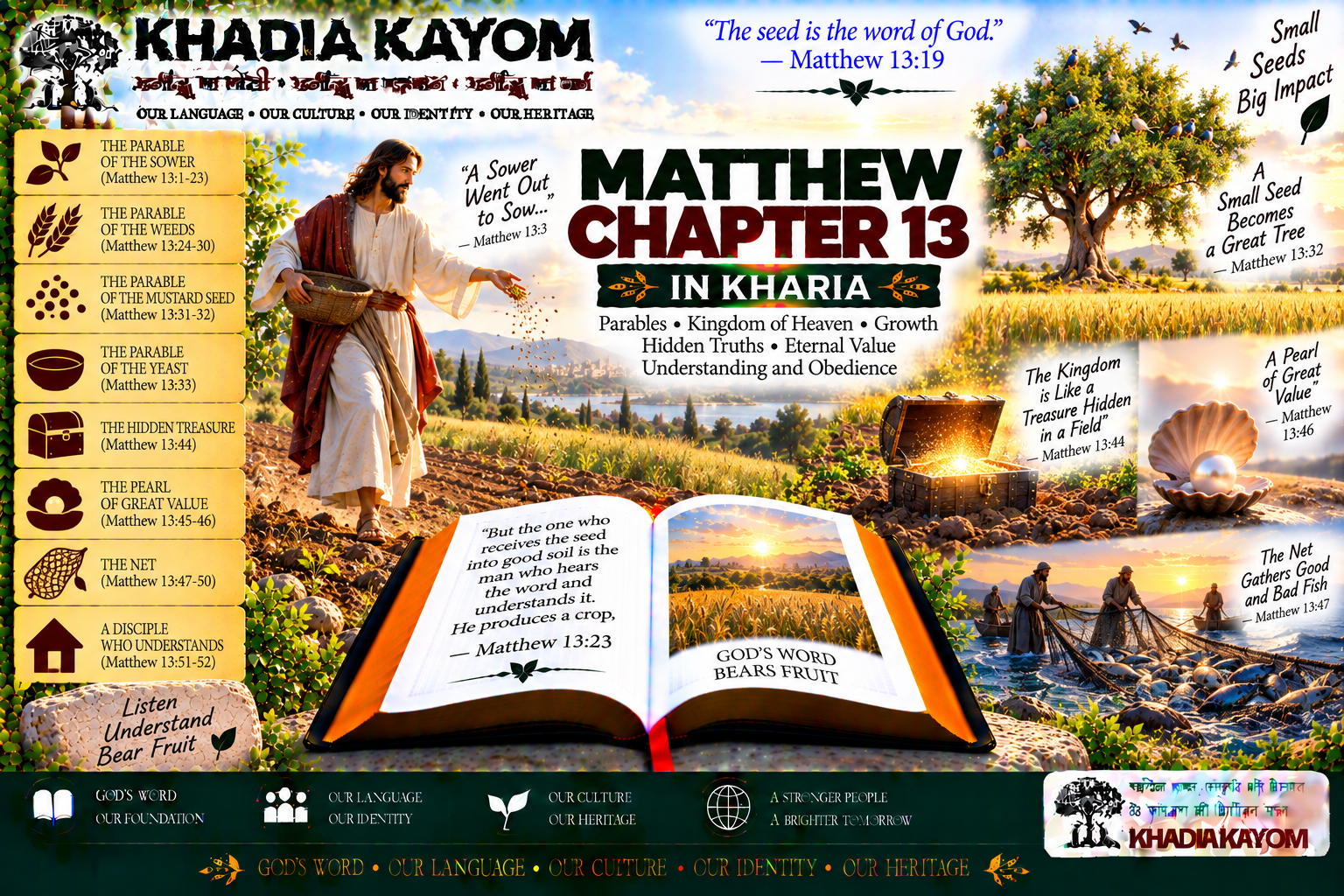Matthew Chapter 13 in Kharia Bible featuring the parables of the sower, weeds, mustard seed, yeast, hidden treasure, pearl and fishing net