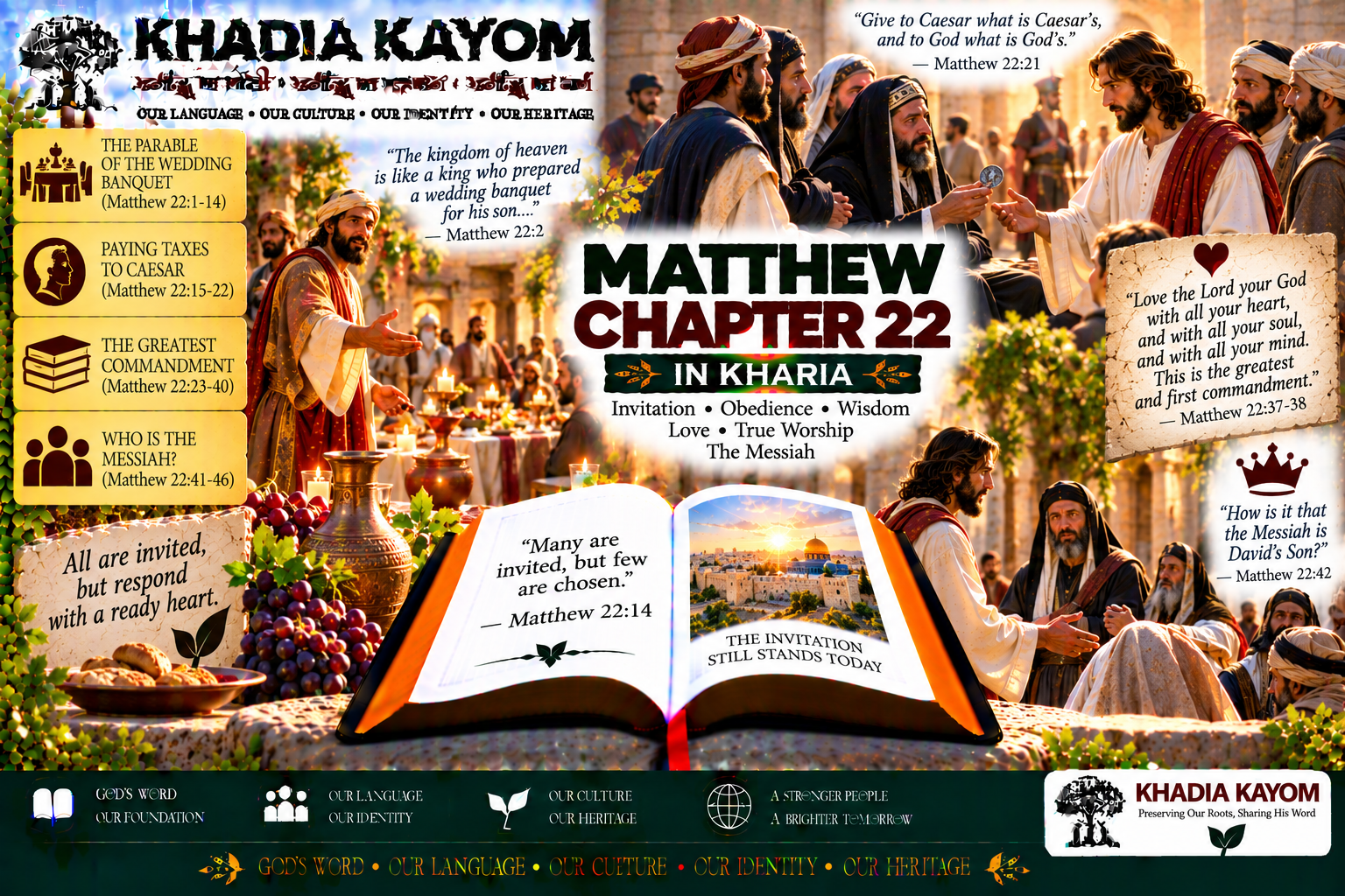 Matthew Chapter 22 in Kharia Bible featuring the wedding banquet, paying taxes to Caesar, the greatest commandment, resurrection and Jesus' teaching about the Messiah