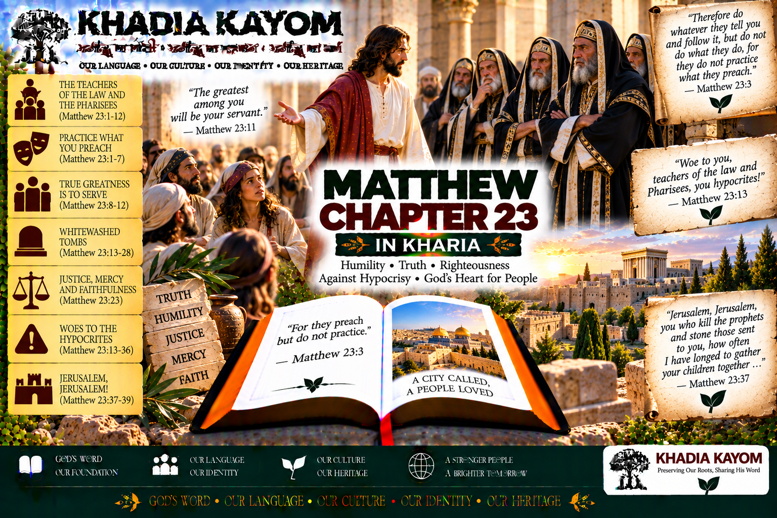 Matthew Chapter 23 in Kharia Bible featuring Jesus teaching humility, warning against hypocrisy, justice, mercy and faithfulness, and lamenting over Jerusalem