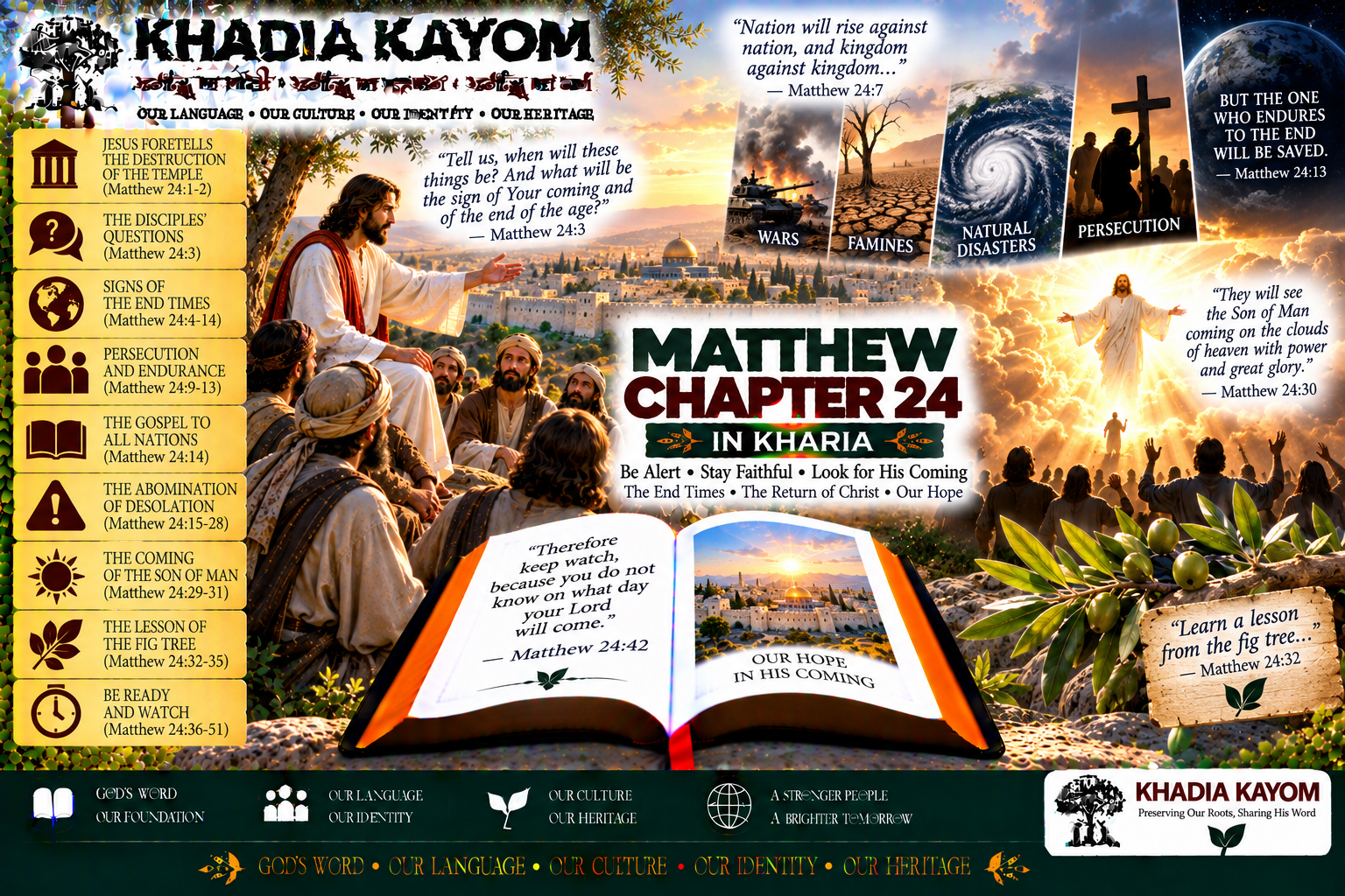 Matthew Chapter 24 in Kharia Bible featuring Jesus teaching humility, warning against hypocrisy, justice, mercy and faithfulness, and lamenting over Jerusalem