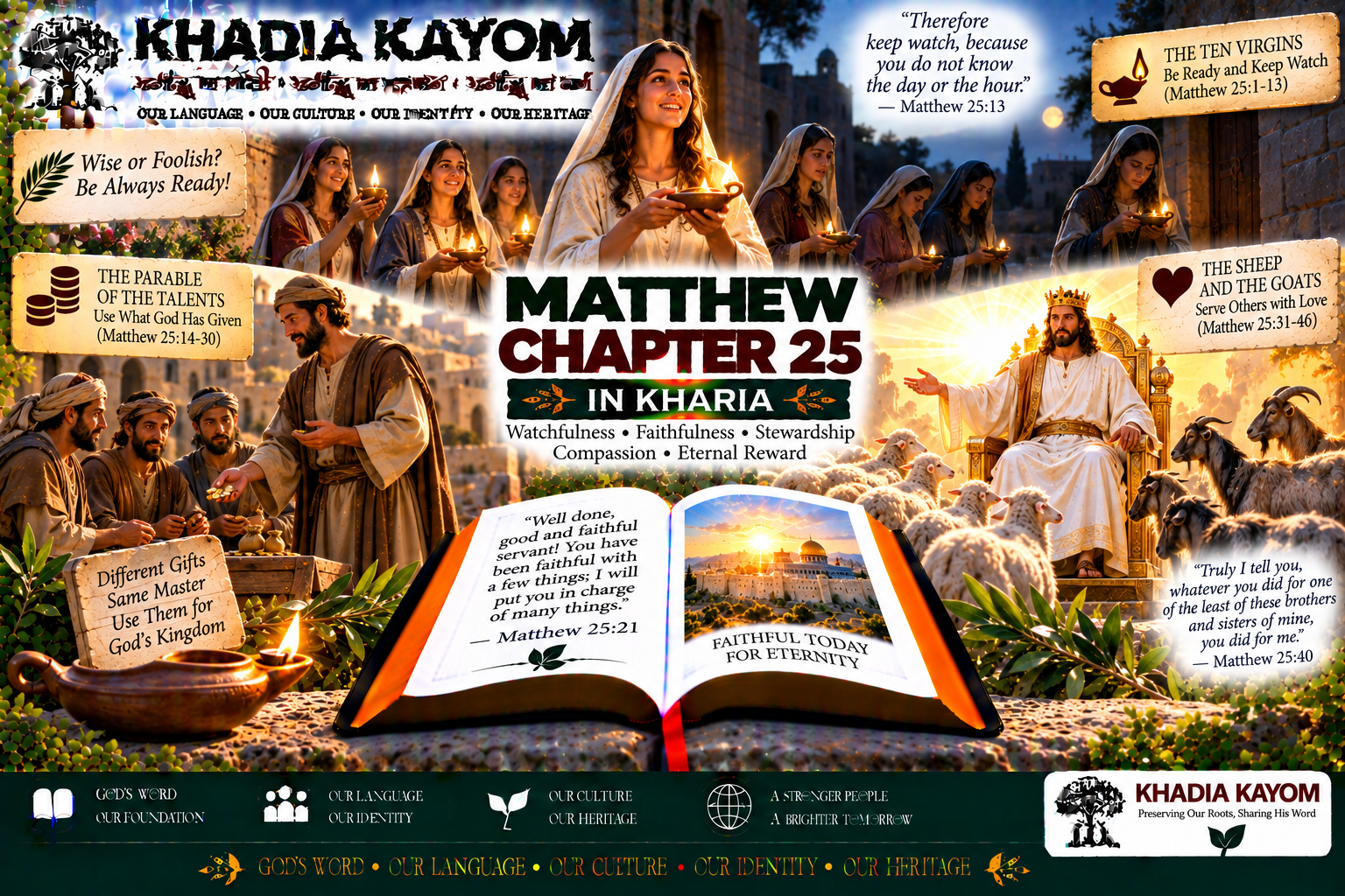 Matthew Chapter 25 in Kharia Bible featuring the ten virgins, the parable of the talents, the sheep and goats, watchfulness, faithful service and compassion