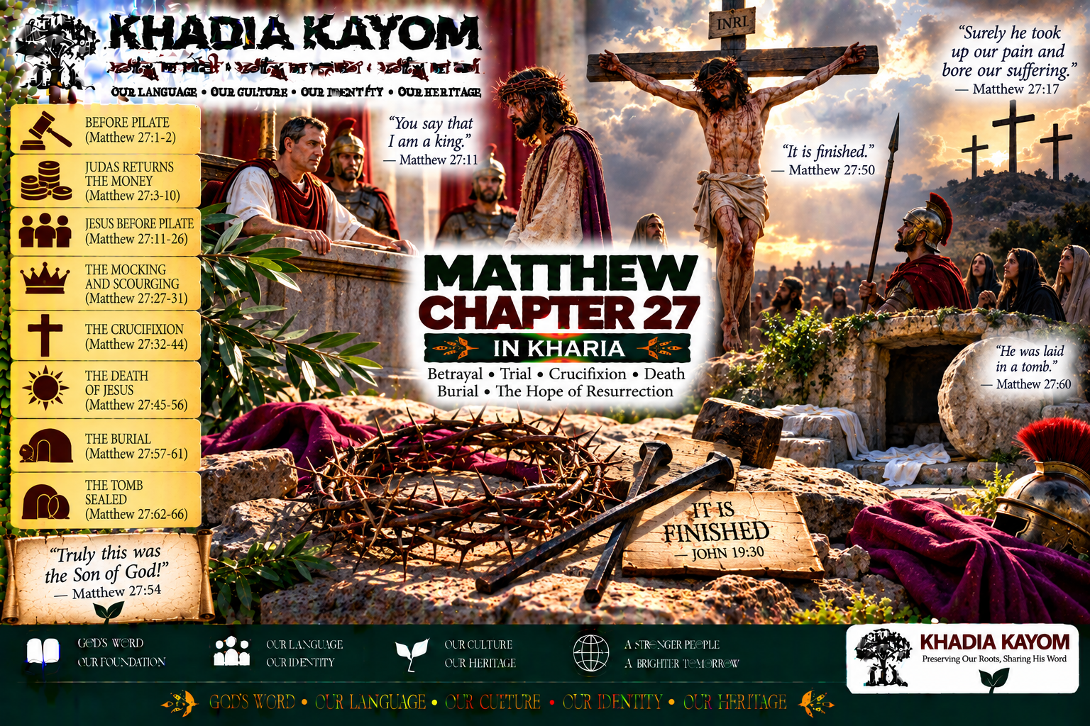 Matthew Chapter 27 in Kharia Bible featuring Jesus before Pilate, Judas' remorse, the crucifixion, death, burial and the sealed tomb