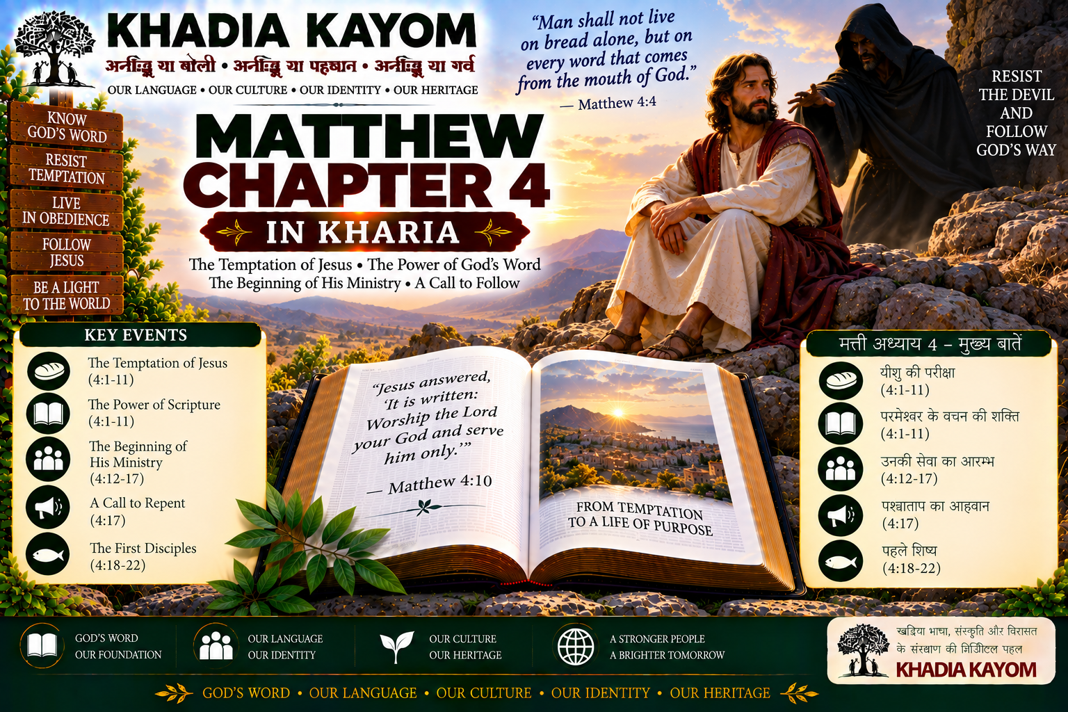 Matthew Chapter 4 in Kharia Bible featuring the temptation of Jesus, victory over temptation, beginning of His ministry, calling the first disciples and preaching the Kingdom of Heaven