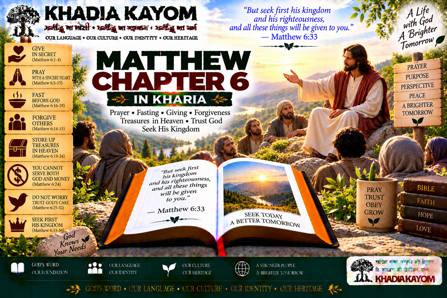 Matthew Chapter 6 in Kharia Khadia Kayom पर पढ़ें। प्रभु की प्रार्थना, परमेश्वर के राज्य, विश्वास और चिंता से मुक्ति की प्रेरणादायक शिक्षा जानें!