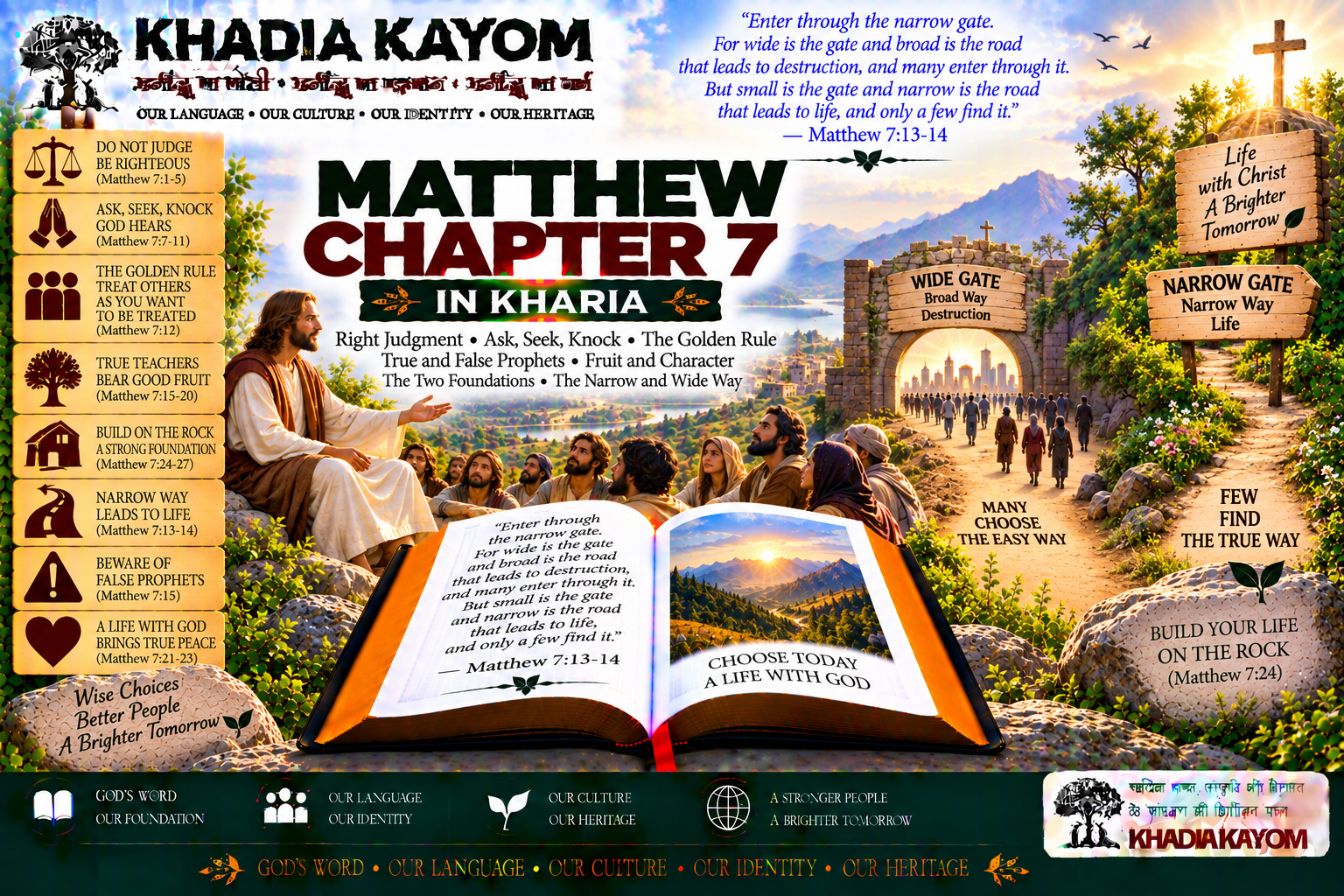 Matthew Chapter 7 in Kharia Bible featuring judging others, prayer, the Golden Rule, the narrow gate, false prophets and building life on the rock