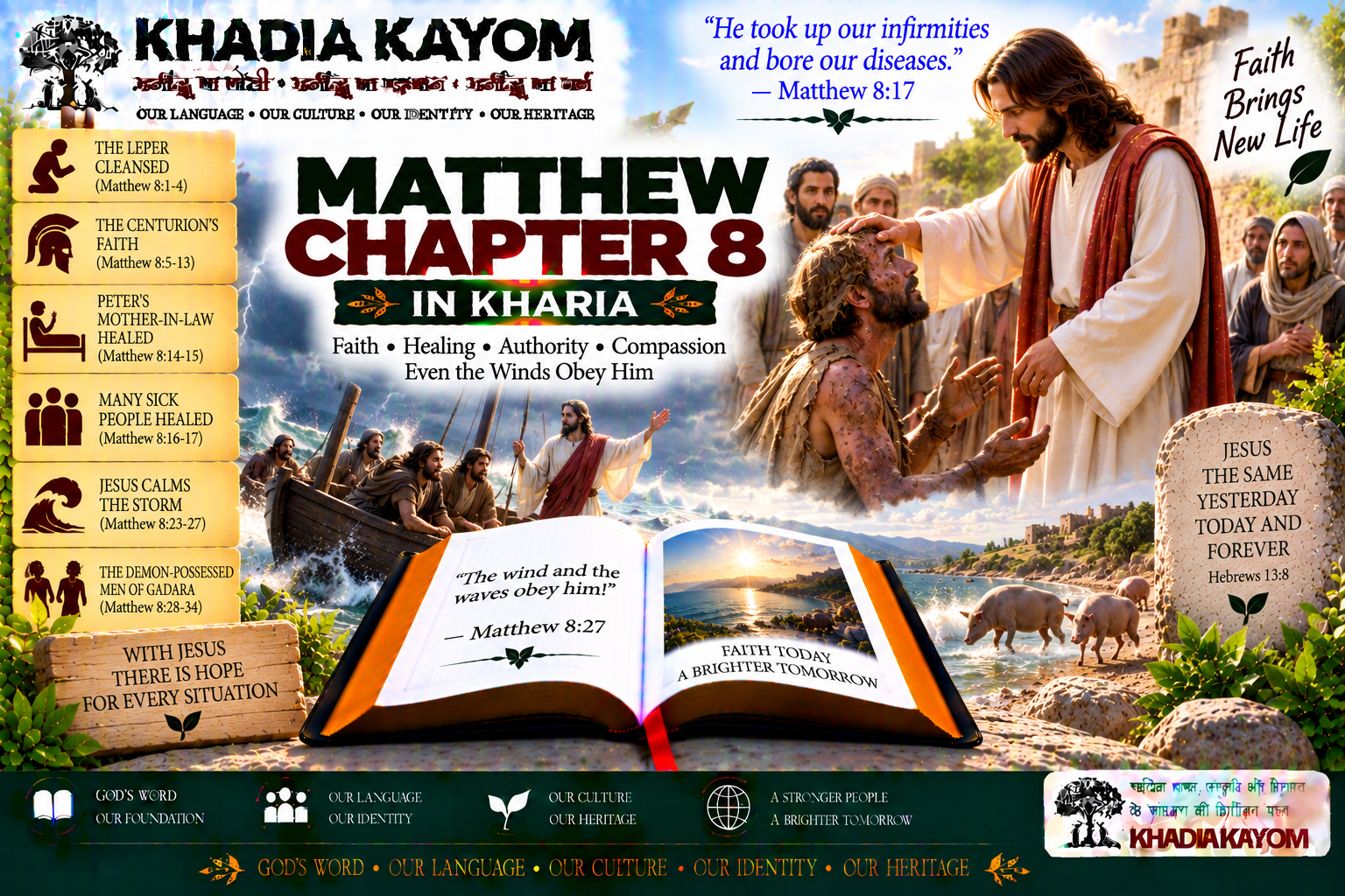 Matthew Chapter 8 in Kharia Bible featuring Jesus healing the leper, the centurion's faith, healing the sick, calming the storm and authority over demons