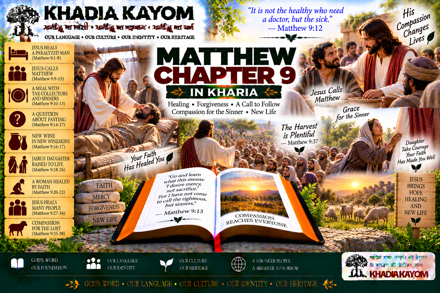 Matthew Chapter 9 in Kharia Bible featuring Jesus healing the paralytic, calling Matthew, forgiveness, faith, healing, Jairus' daughter and compassion for the crowds