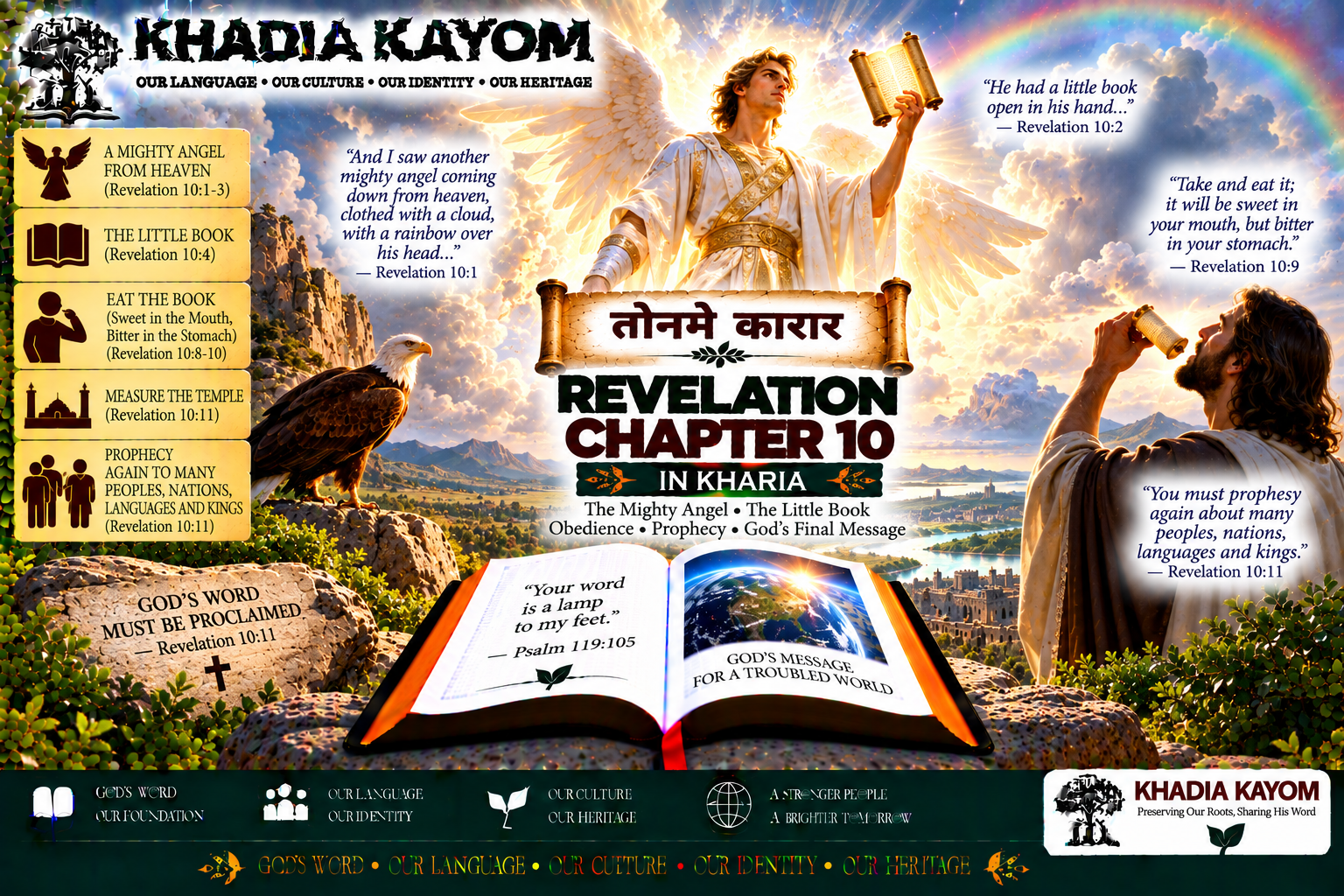 Revelation Chapter 10 in Kharia from तोनमे कारार, featuring the mighty angel with an open little scroll, the seven thunders, John eating the scroll, and the command to prophesy