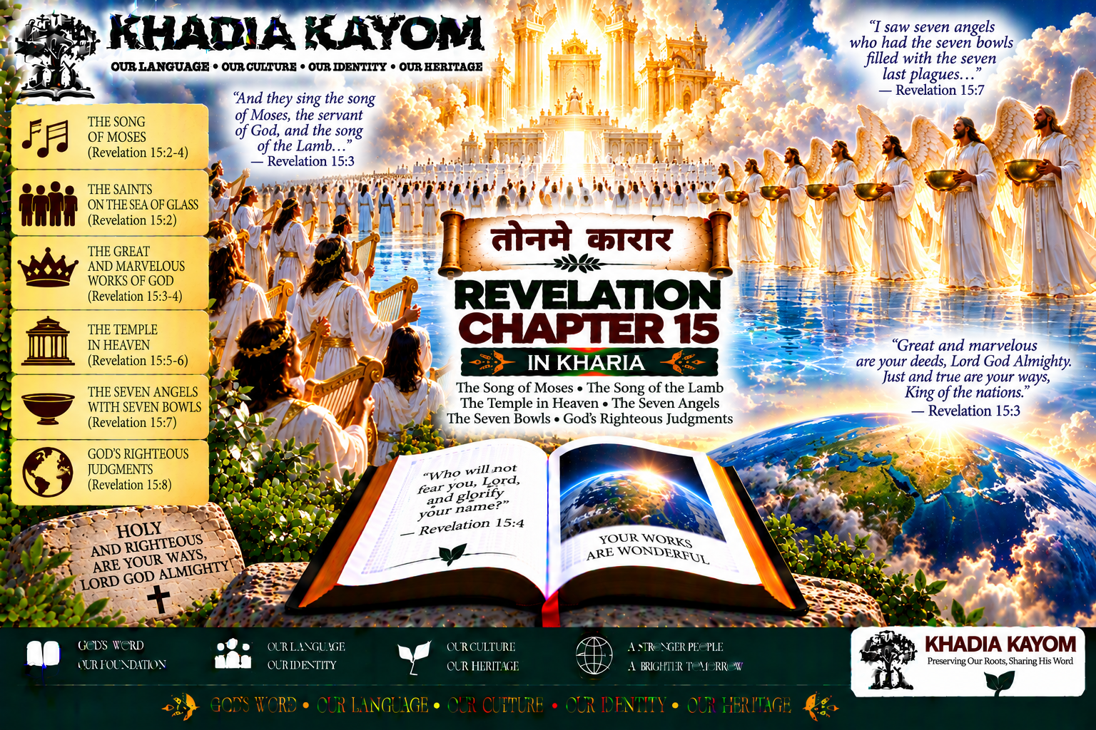 Revelation Chapter 15 in Kharia from तोनमे कारार, featuring the sea of glass, victorious believers, the song of Moses and the Lamb, the heavenly temple and seven angels with seven bowls