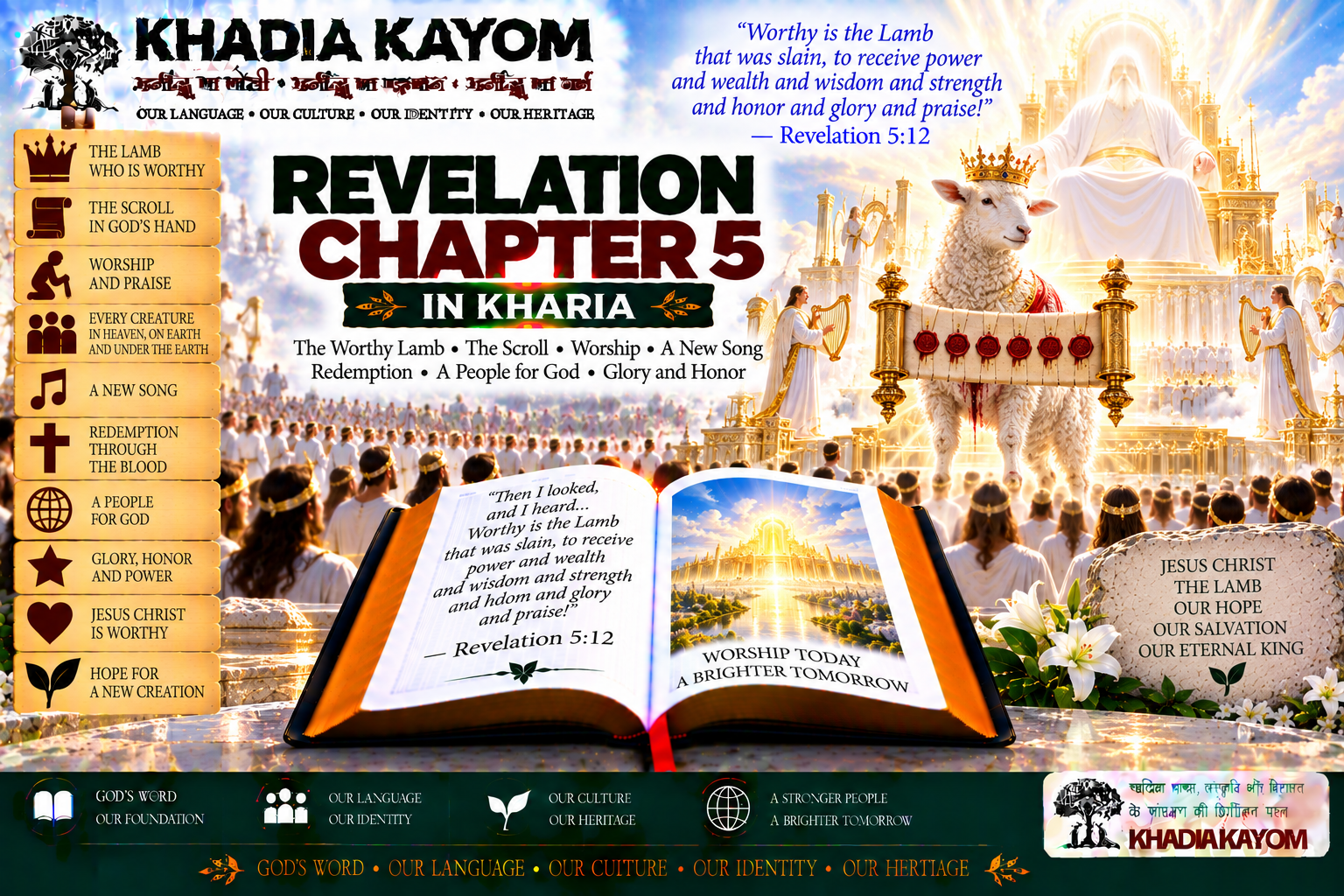 Revelation Chapter 5 in Kharia Bible featuring the Lamb of God, the heavenly throne, the sealed scroll, worship, redemption and the new song