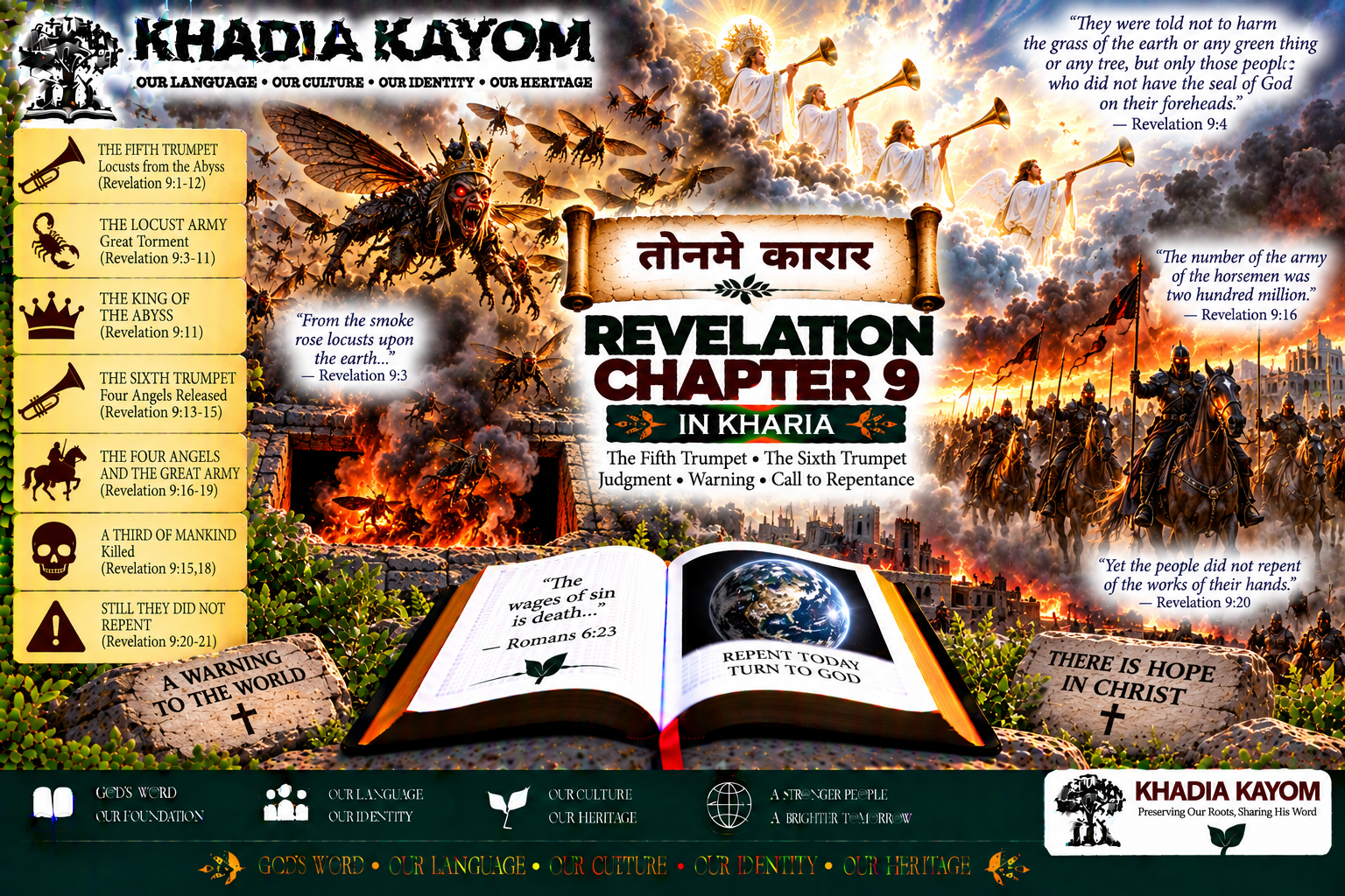 Revelation Chapter 9 in Kharia from तोनमे कारार, featuring the fifth and sixth trumpets, locusts from the abyss, four angels, a vast horsemen army and the call to repentance