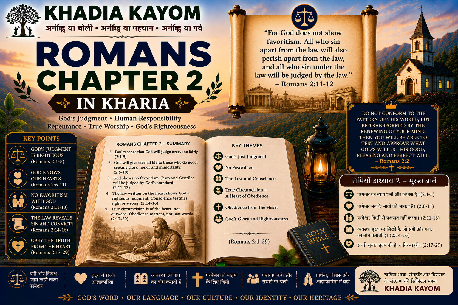 Romans Chapter 2 in Kharia Bible featuring God's righteous judgment, no favoritism, obedience, conscience and righteousness