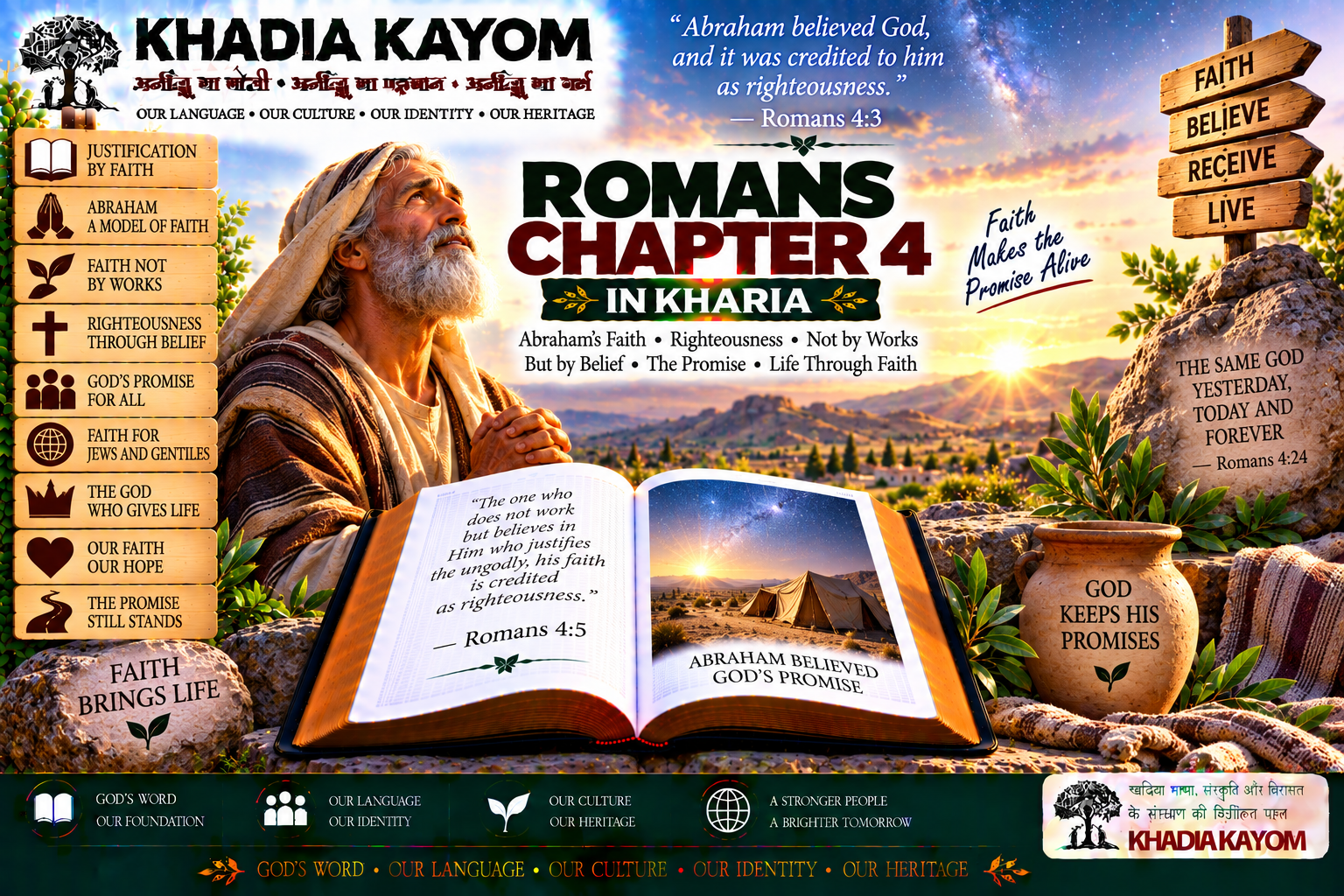Romans Chapter 4 in Kharia Bible featuring Abraham's faith, justification by faith, righteousness, God's promise and salvation through faith