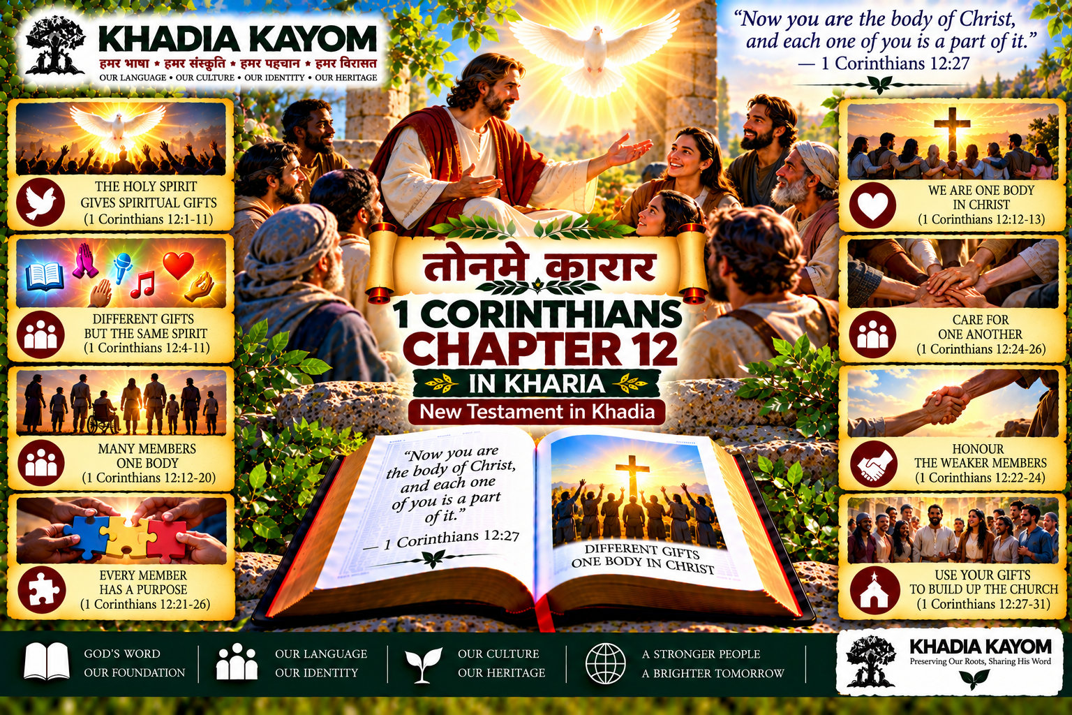1 Corinthians Chapter 12 in Kharia Bible, तोनमे कारार, illustrating spiritual gifts, the Holy Spirit and believers as one body in Christ.
